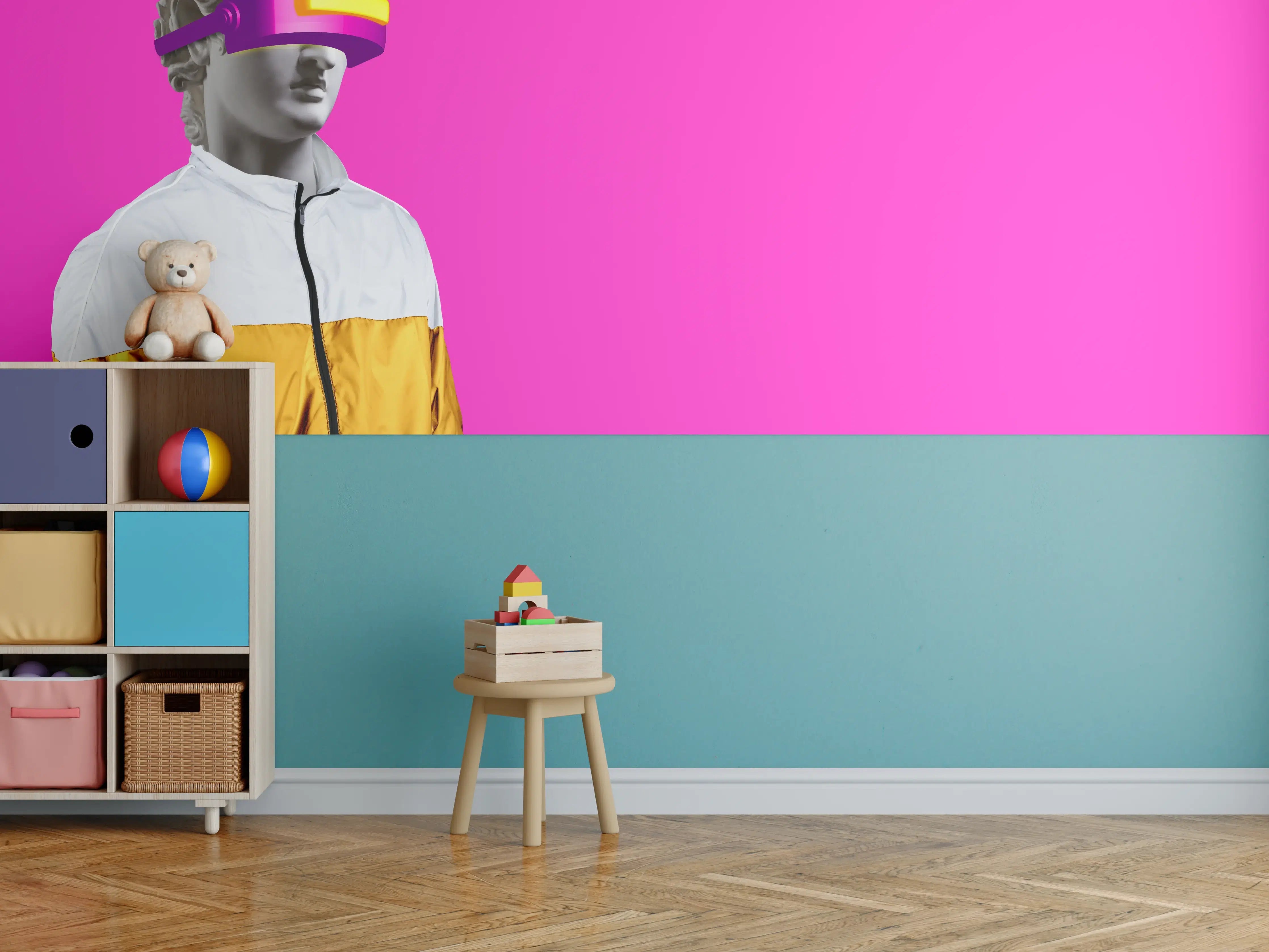 Kinderzimmer Wandgestaltung - Moderne Darstellung - VR Brille auf lila Hintergrund