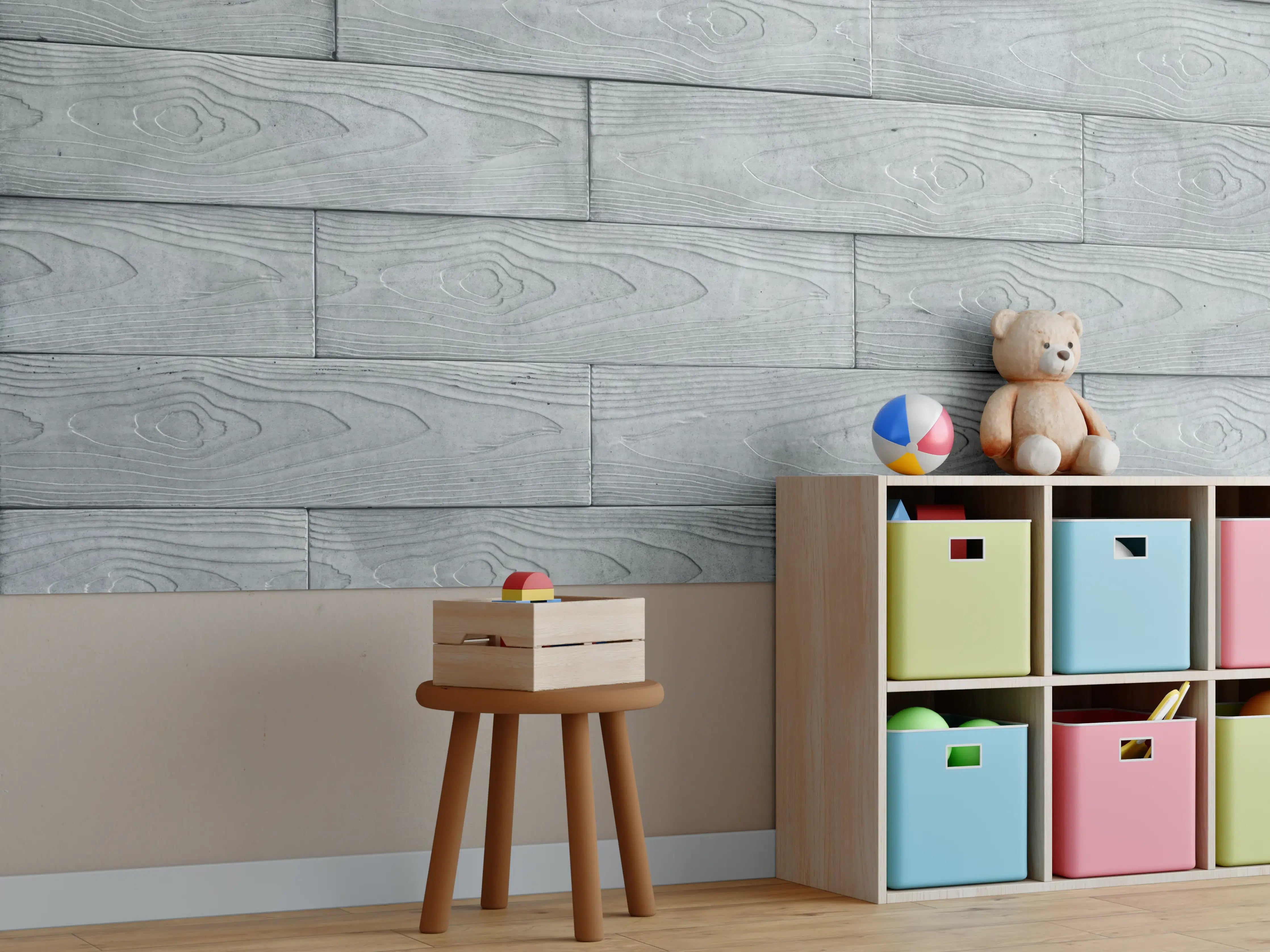 Kinderzimmer Wandgestaltung - Moderne Grau-Weiße Holztextur