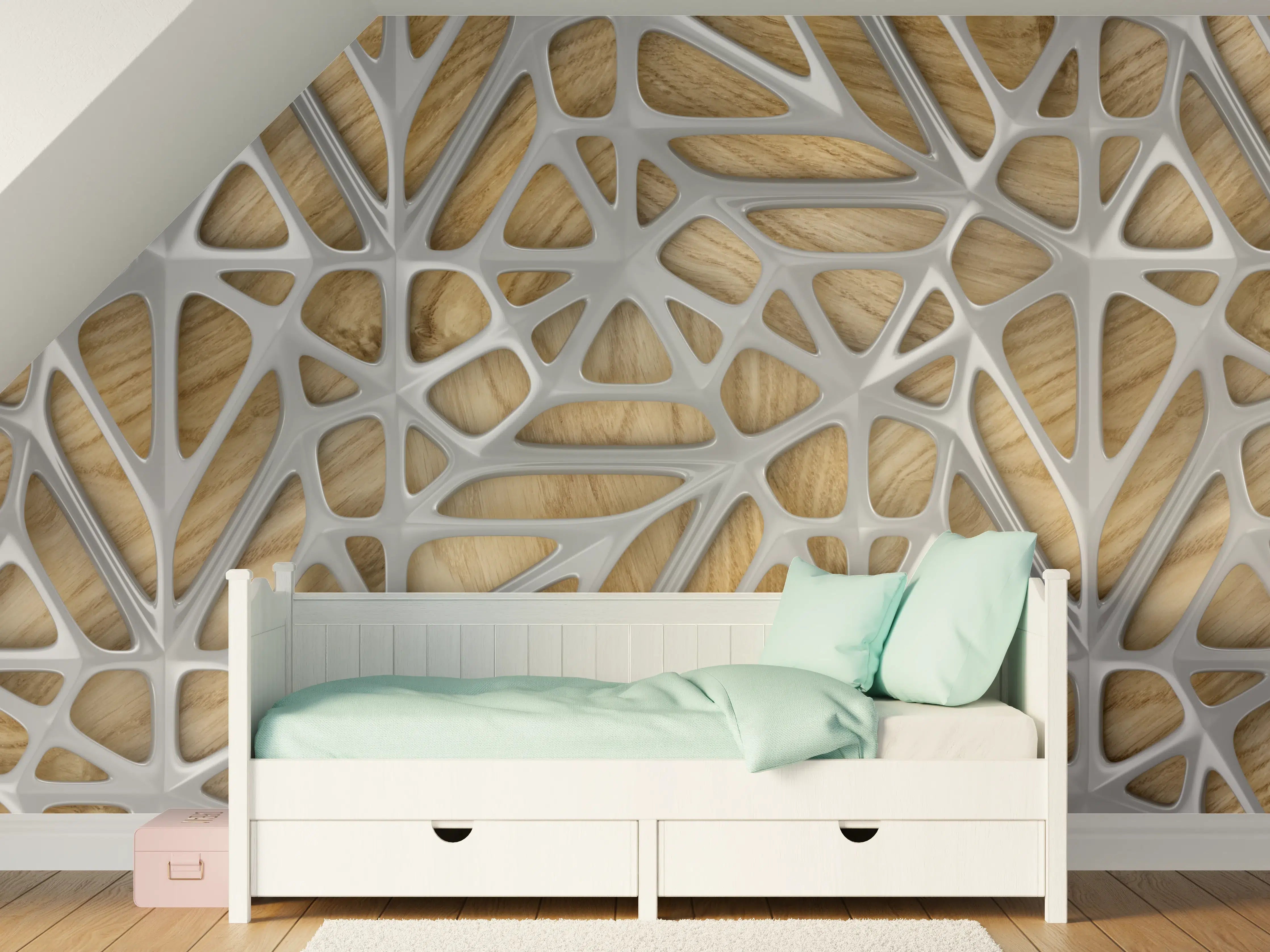 Kinderzimmer Wandgestaltung - Moderne Holz-Gitterstruktur mit grauem Rahmen