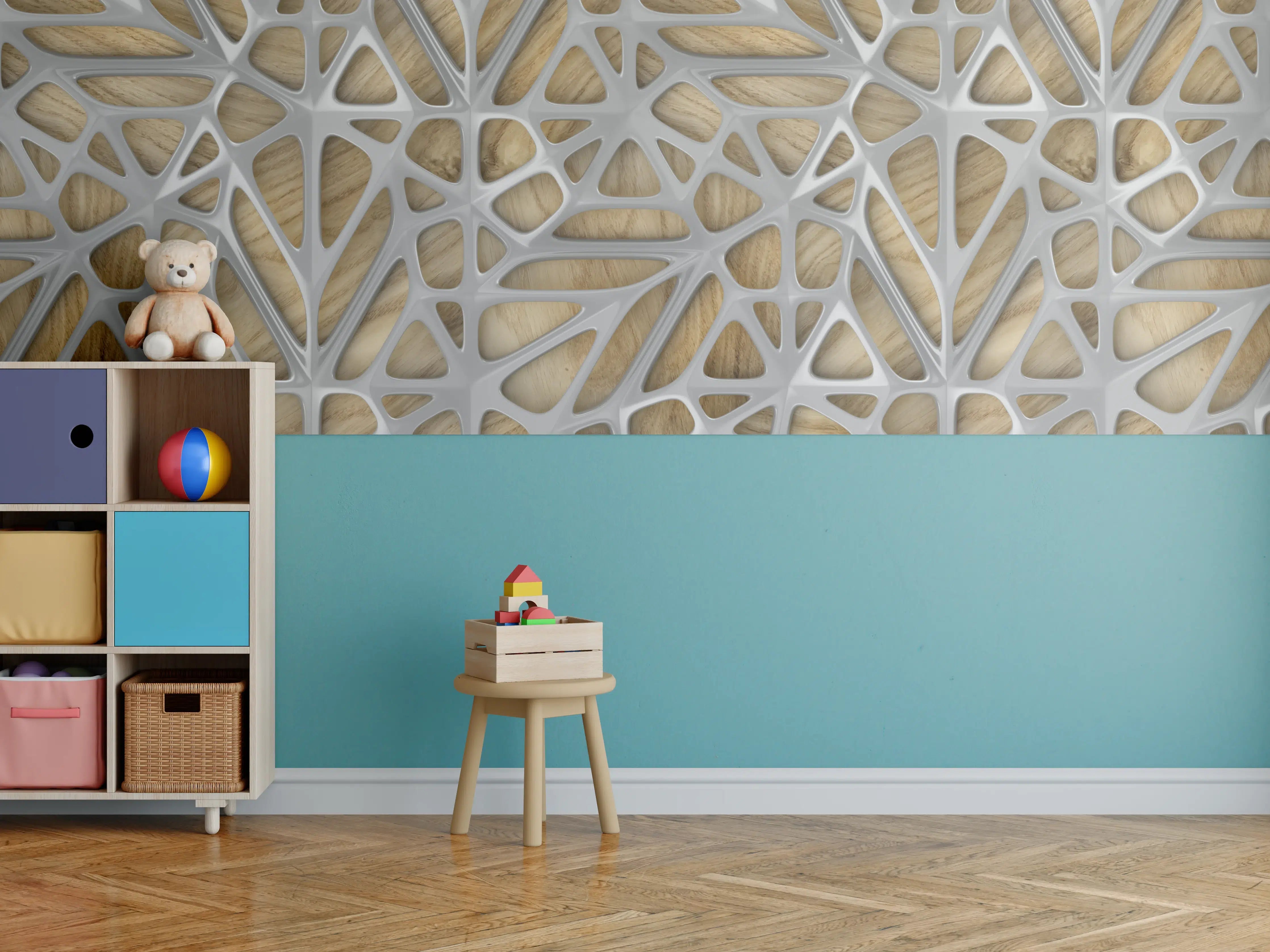 Kinderzimmer Wandgestaltung - Moderne Holz-Gitterstruktur mit grauem Rahmen