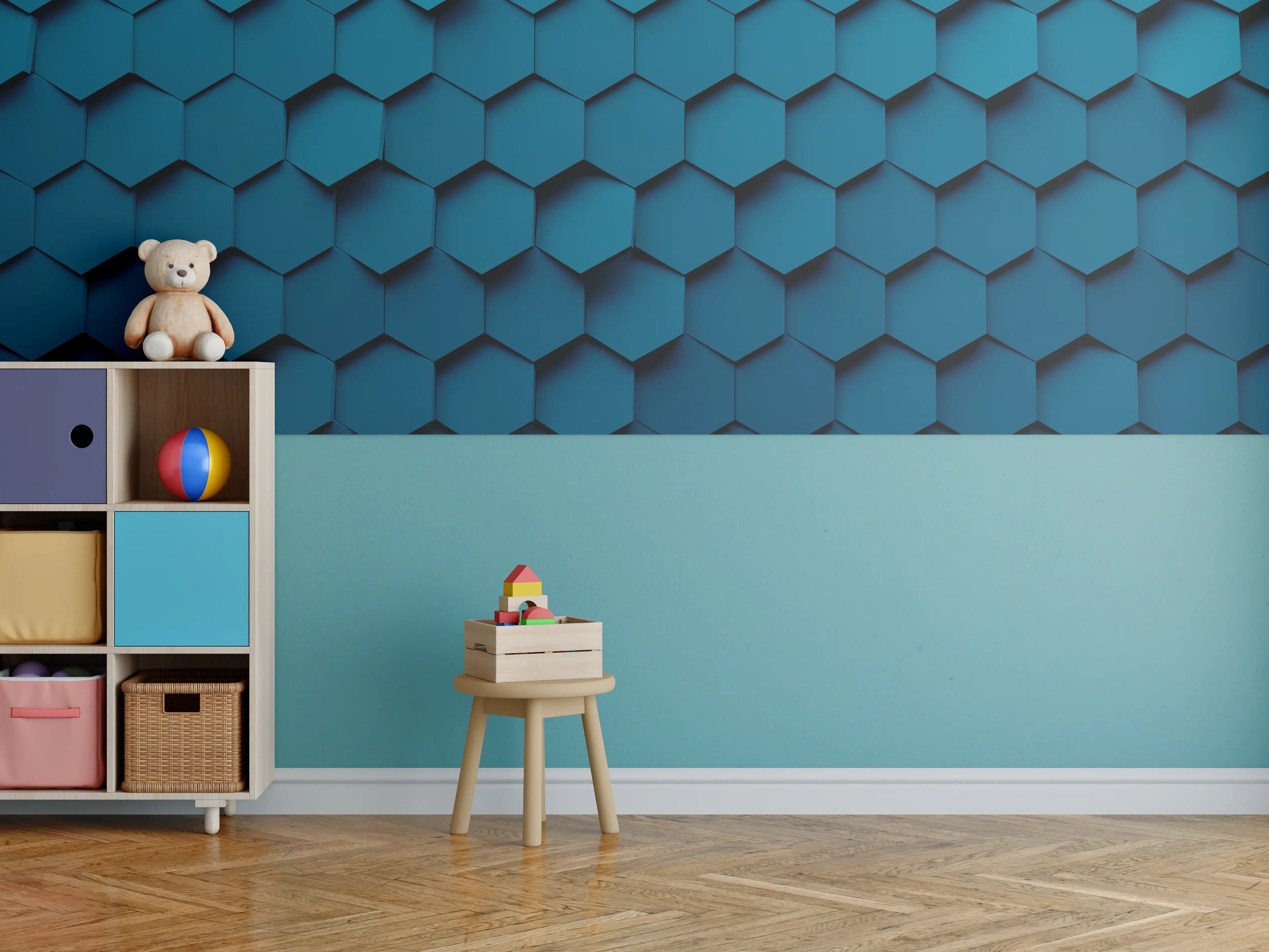 Kinderzimmer Wandgestaltung - Moderne blaue 3D-Hexagon-Wandgestaltung