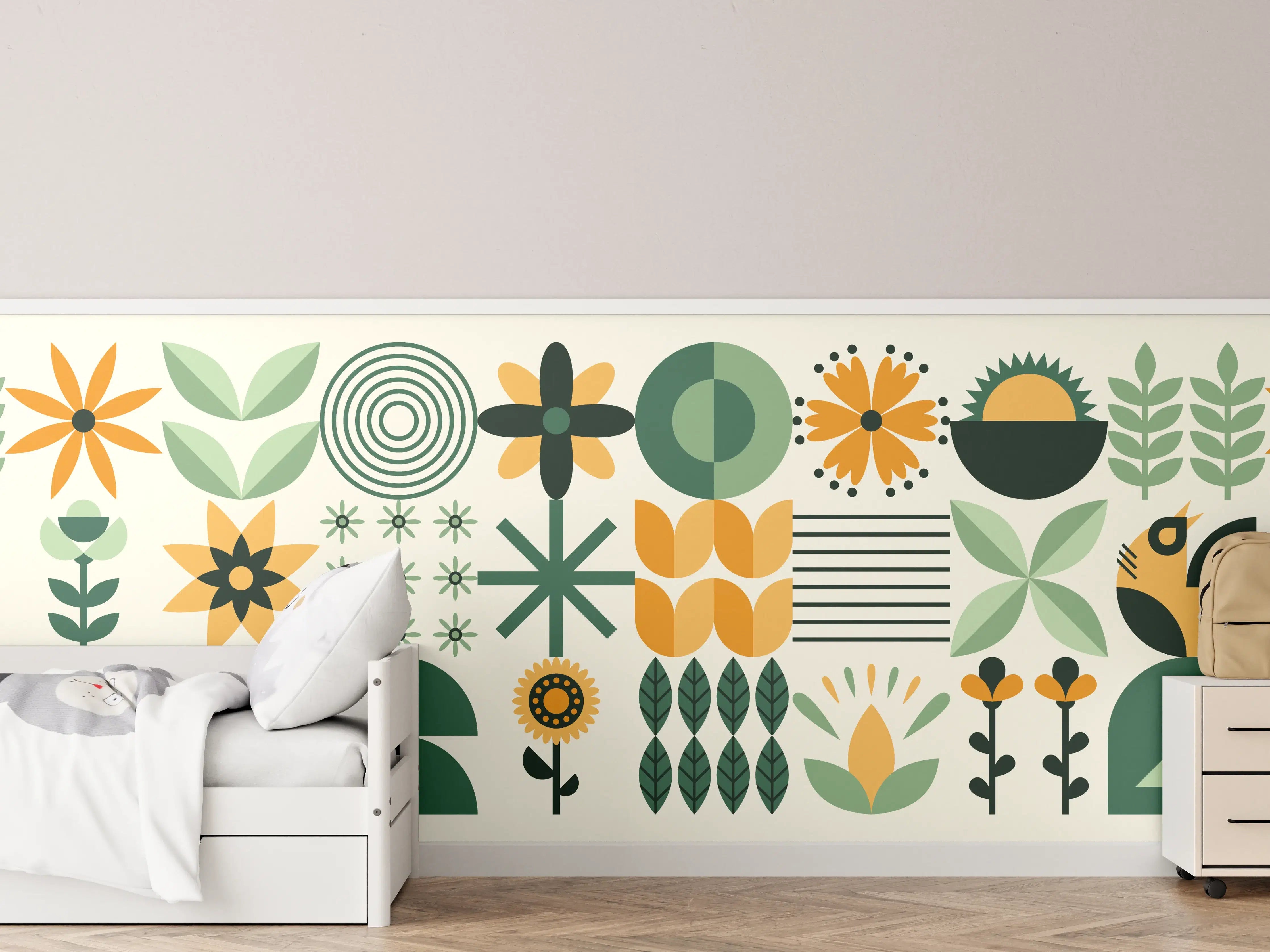 Kinderzimmer Wandgestaltung - Moderne geometrische Muster in Grün und Orange