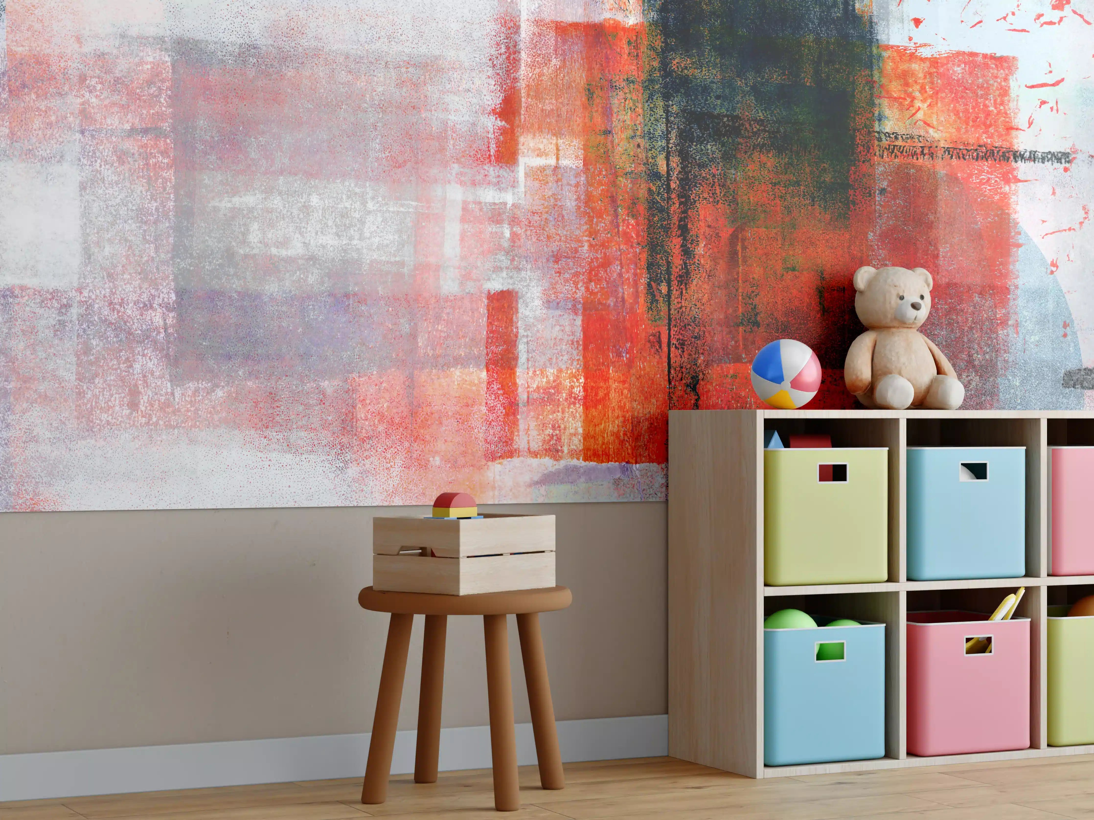 Kinderzimmer Wandgestaltung - Moderner Abstrakter Rot-Grau-Mix