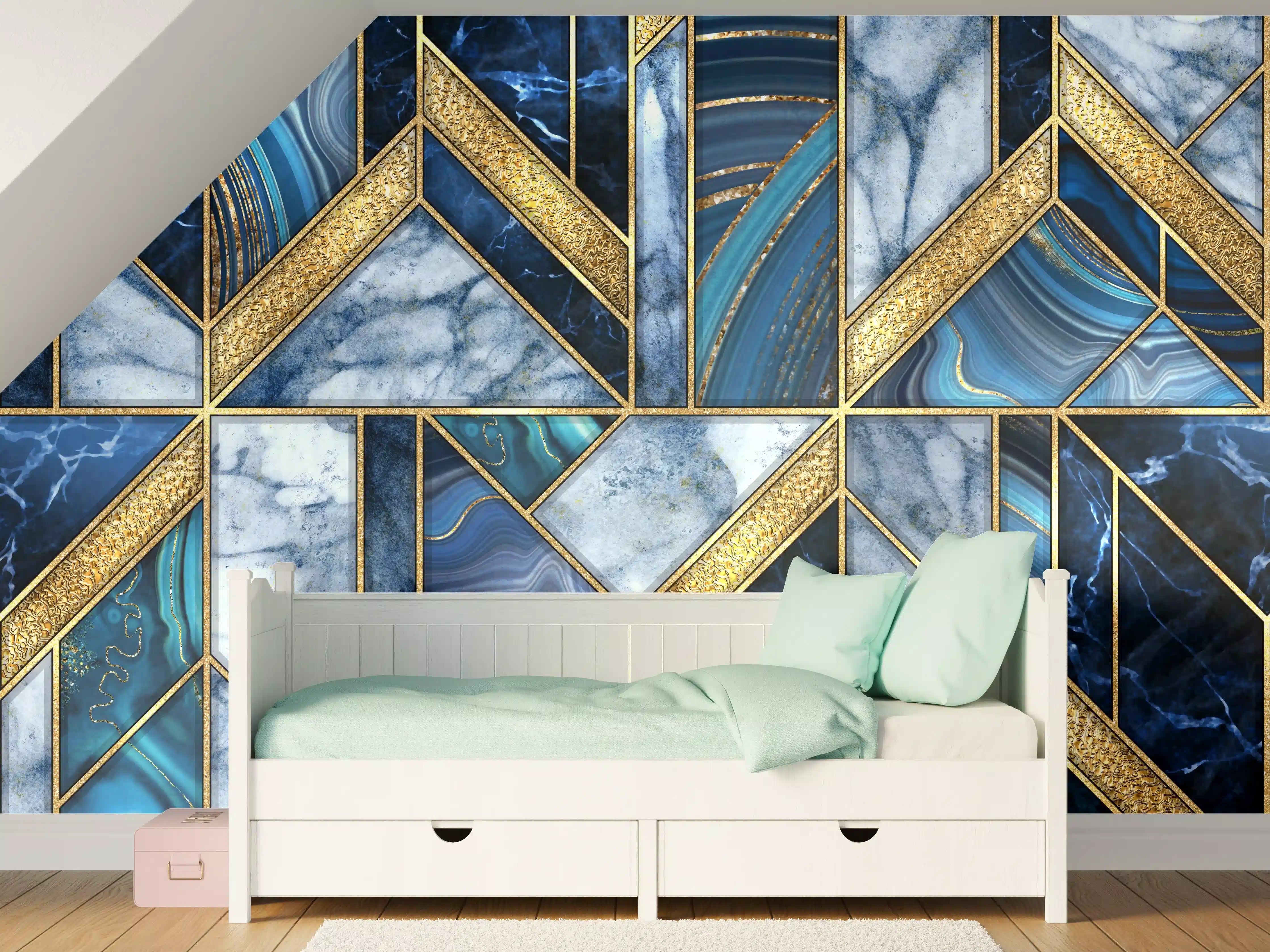Kinderzimmer Wandgestaltung - Modernes Blau-Gold Mosaik