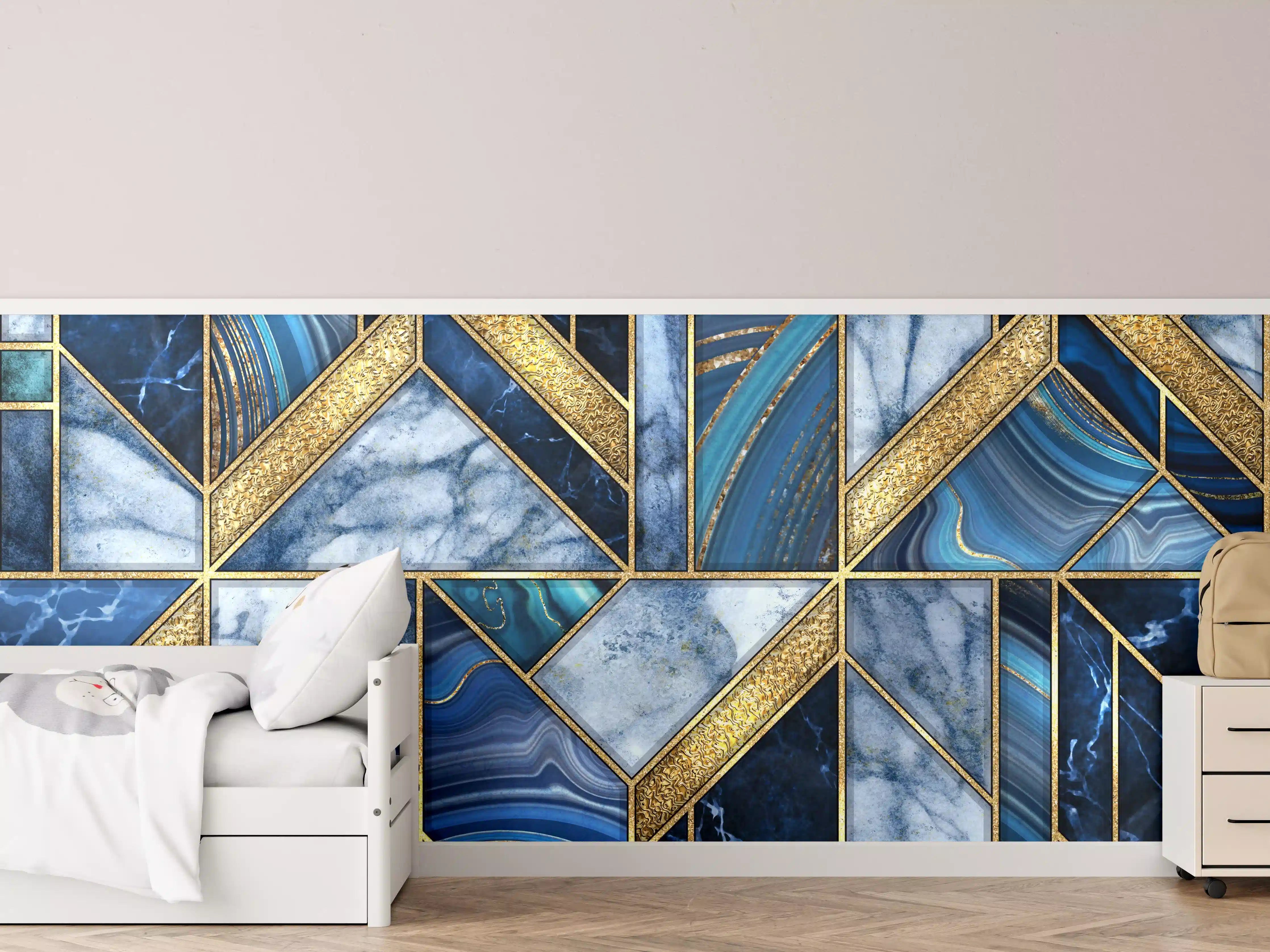 Kinderzimmer Wandgestaltung - Modernes Blau-Gold Mosaik