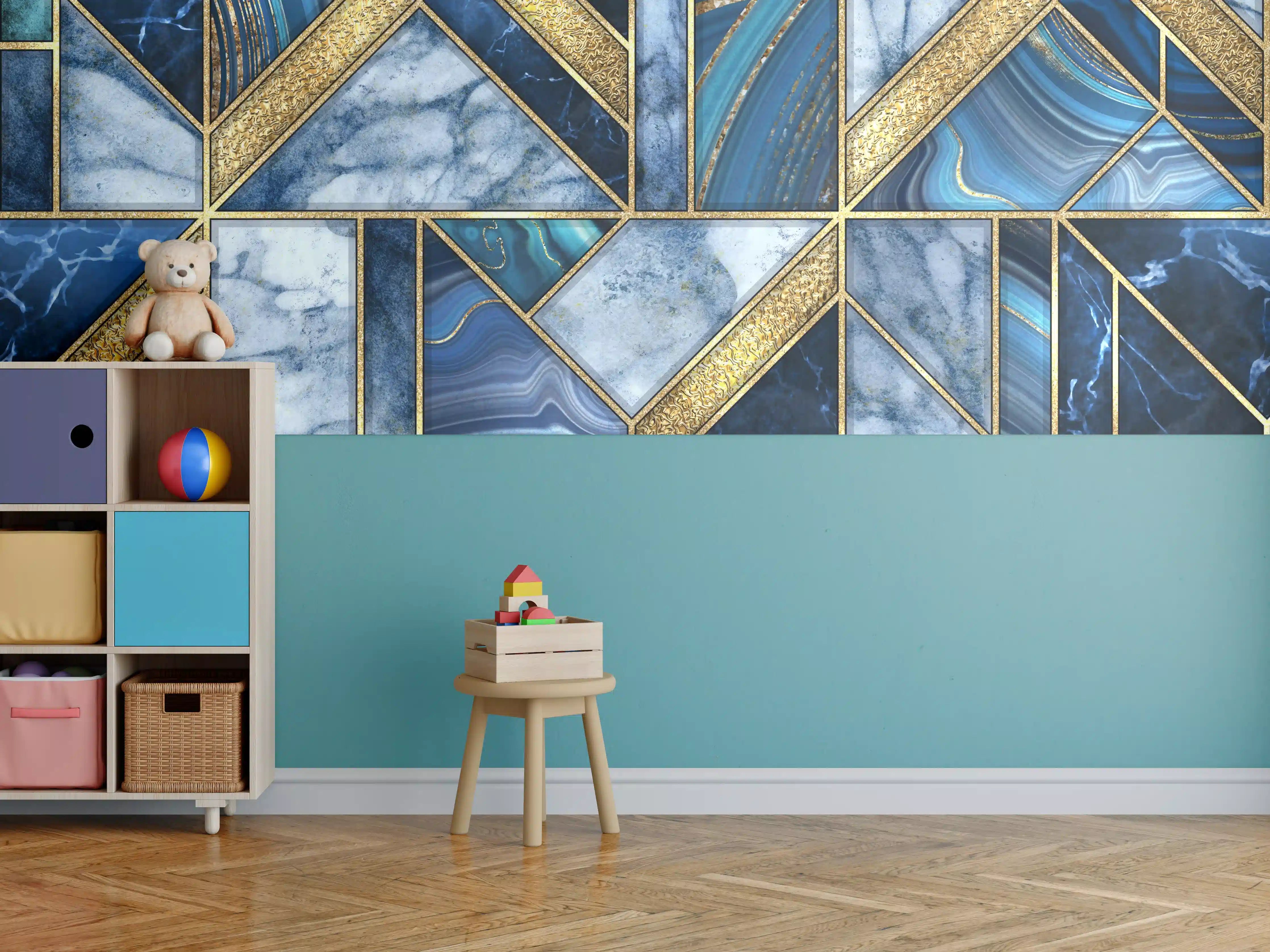 Kinderzimmer Wandgestaltung - Modernes Blau-Gold Mosaik