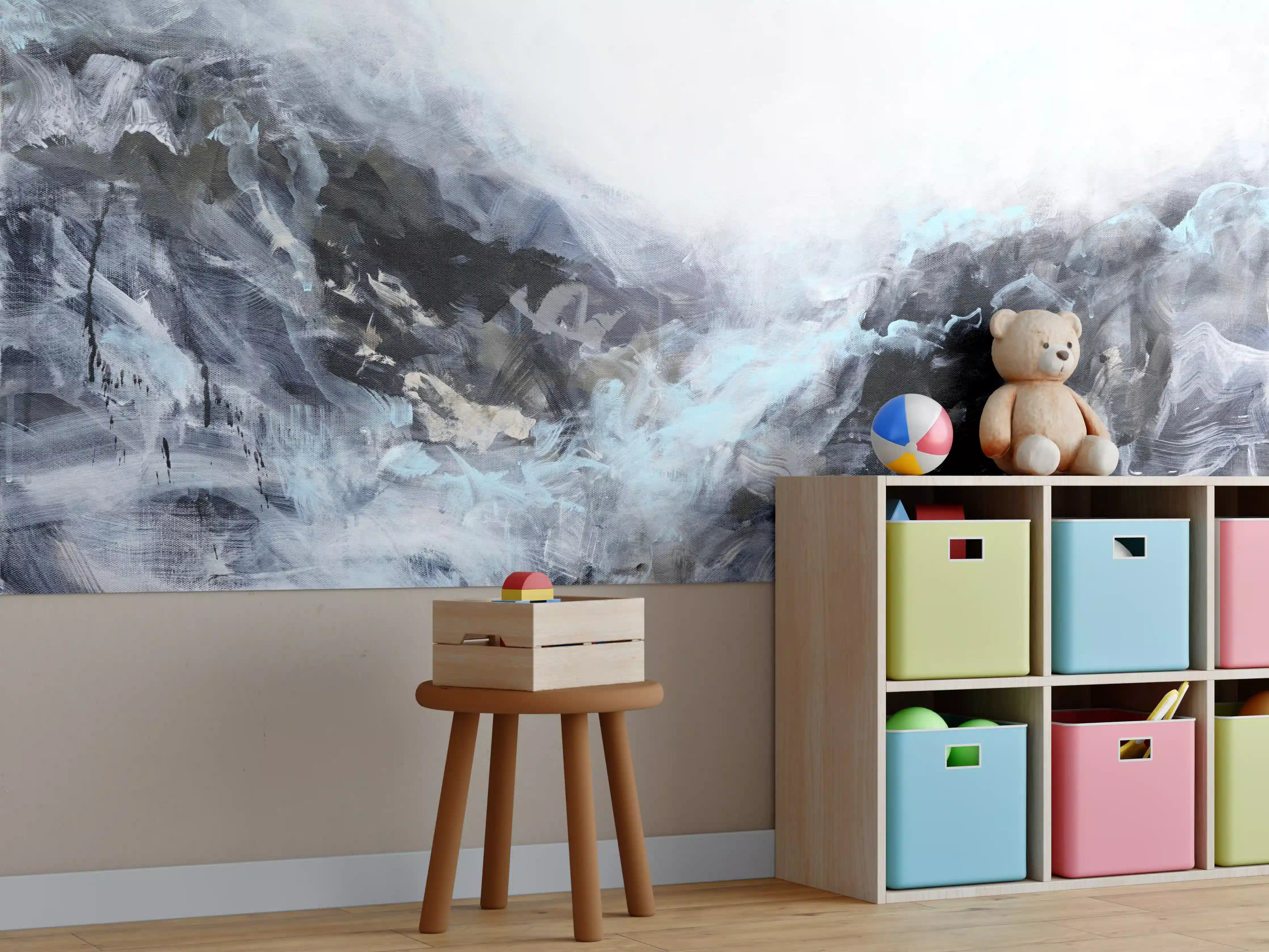 Kinderzimmer Wandgestaltung - Modernes Küsten-Abstrakt Blau-Grau