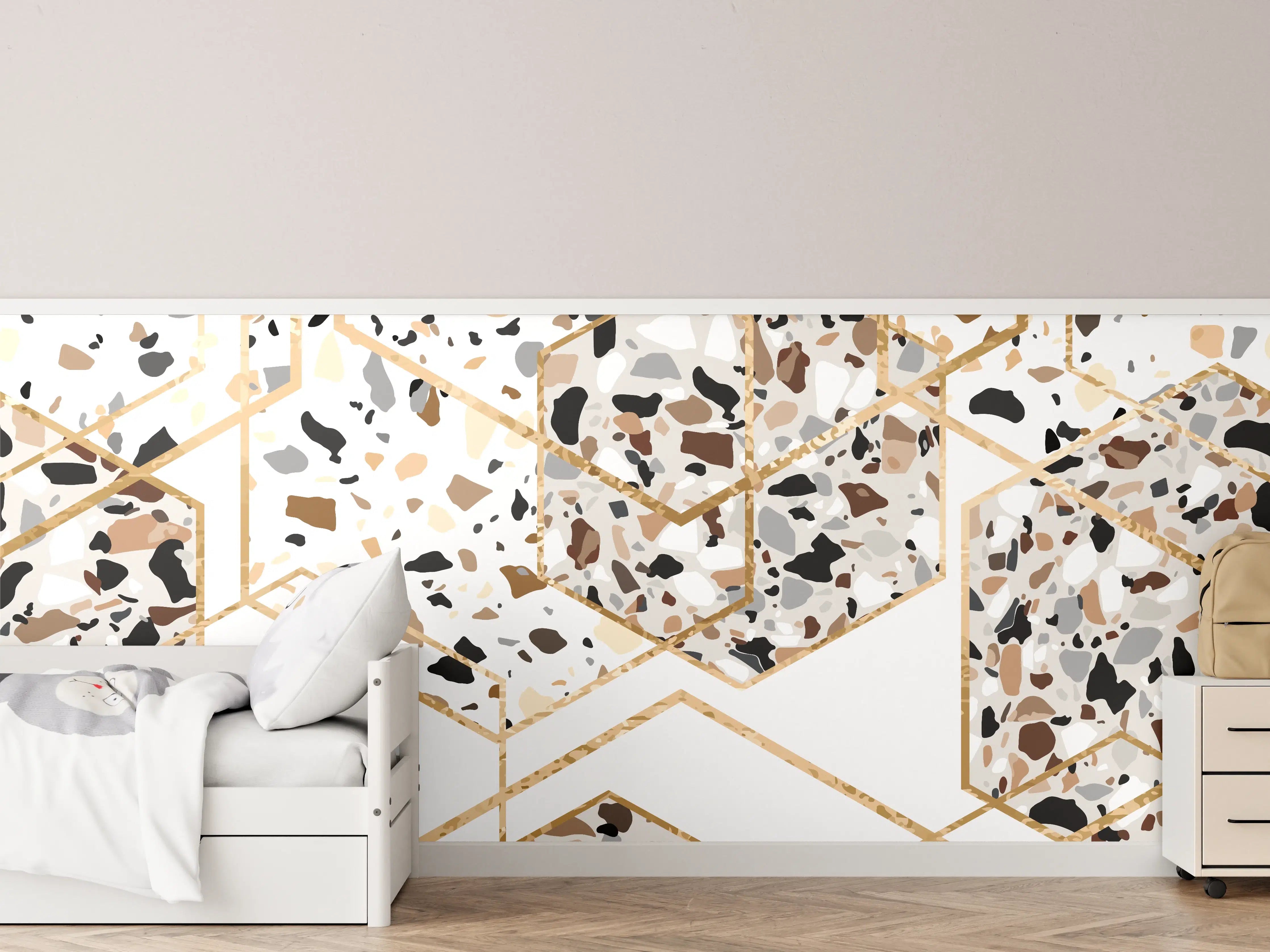 Kinderzimmer Wandgestaltung - Modernes Terrazzo-Gold-Muster