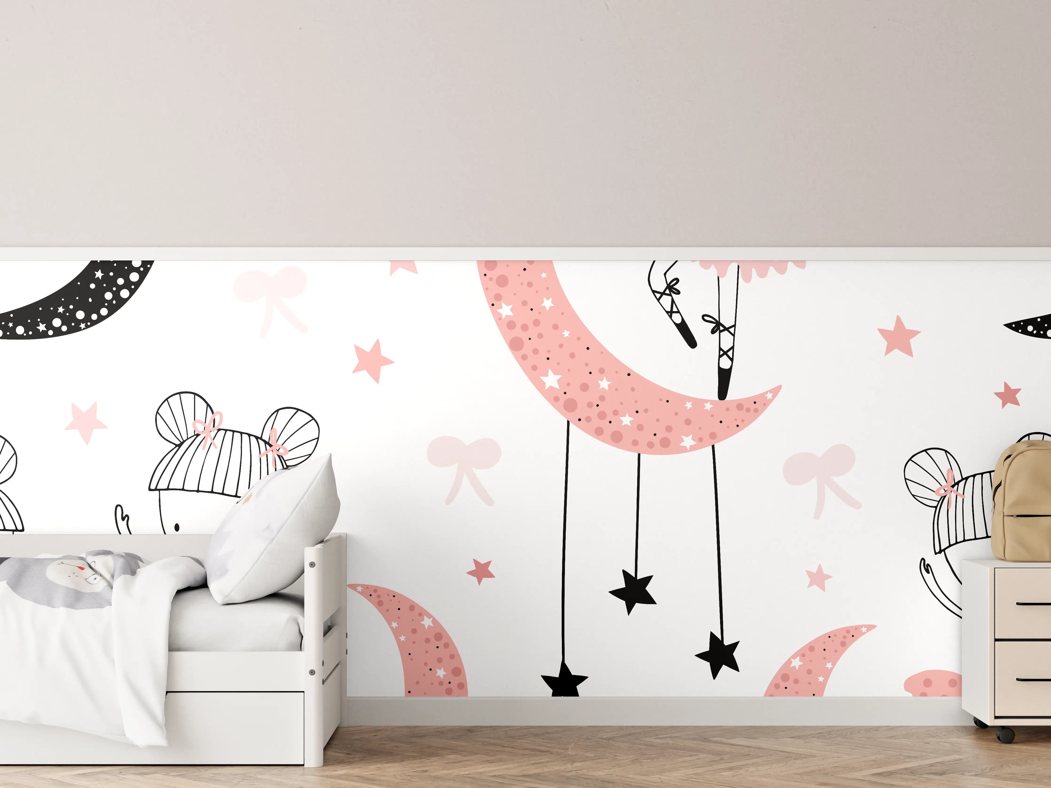Kinderzimmer Wandgestaltung - Mond Tanzende Mädchen Schwarz Weiß