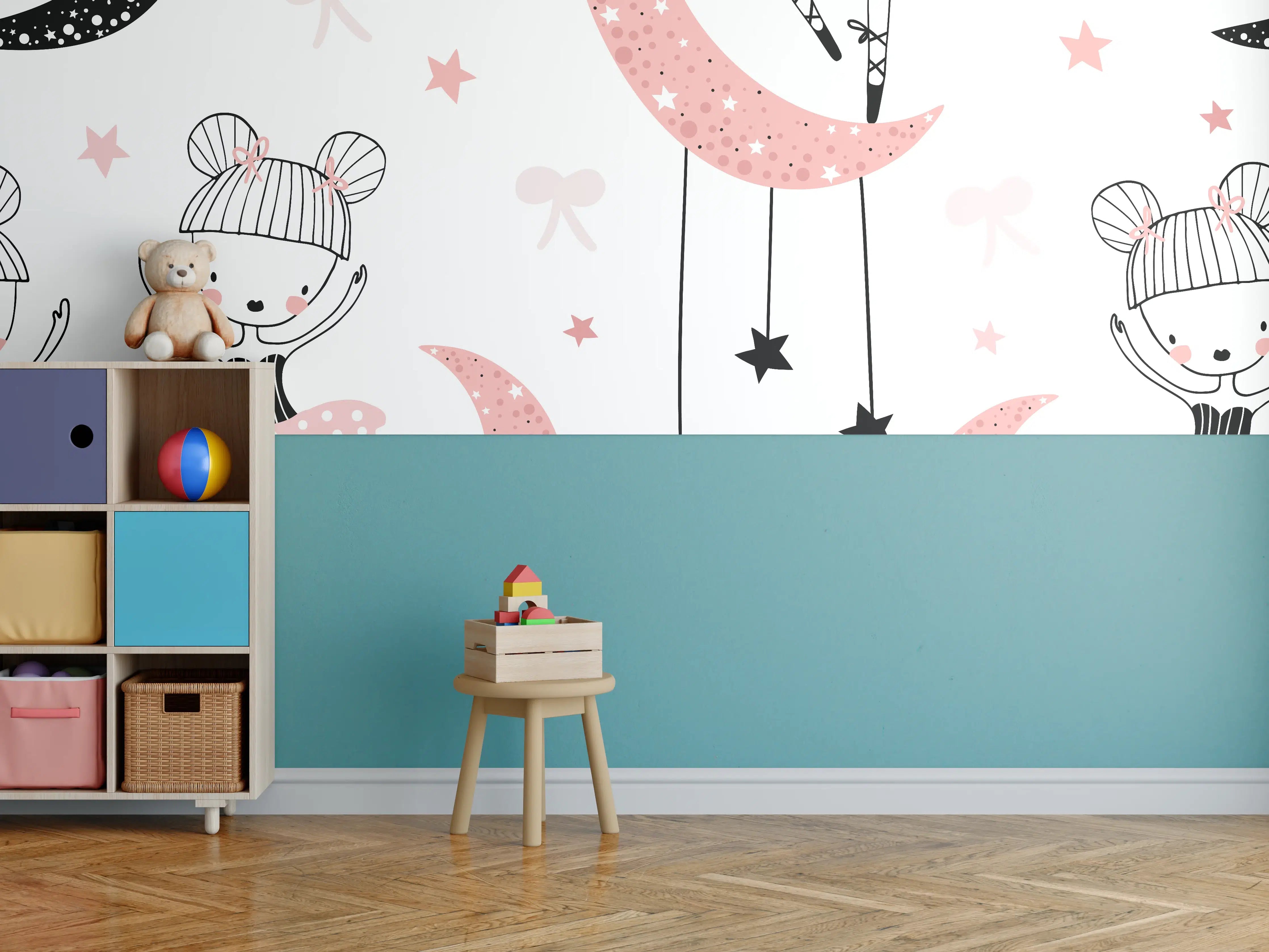 Kinderzimmer Wandgestaltung - Mond Tanzende Mädchen Schwarz Weiß