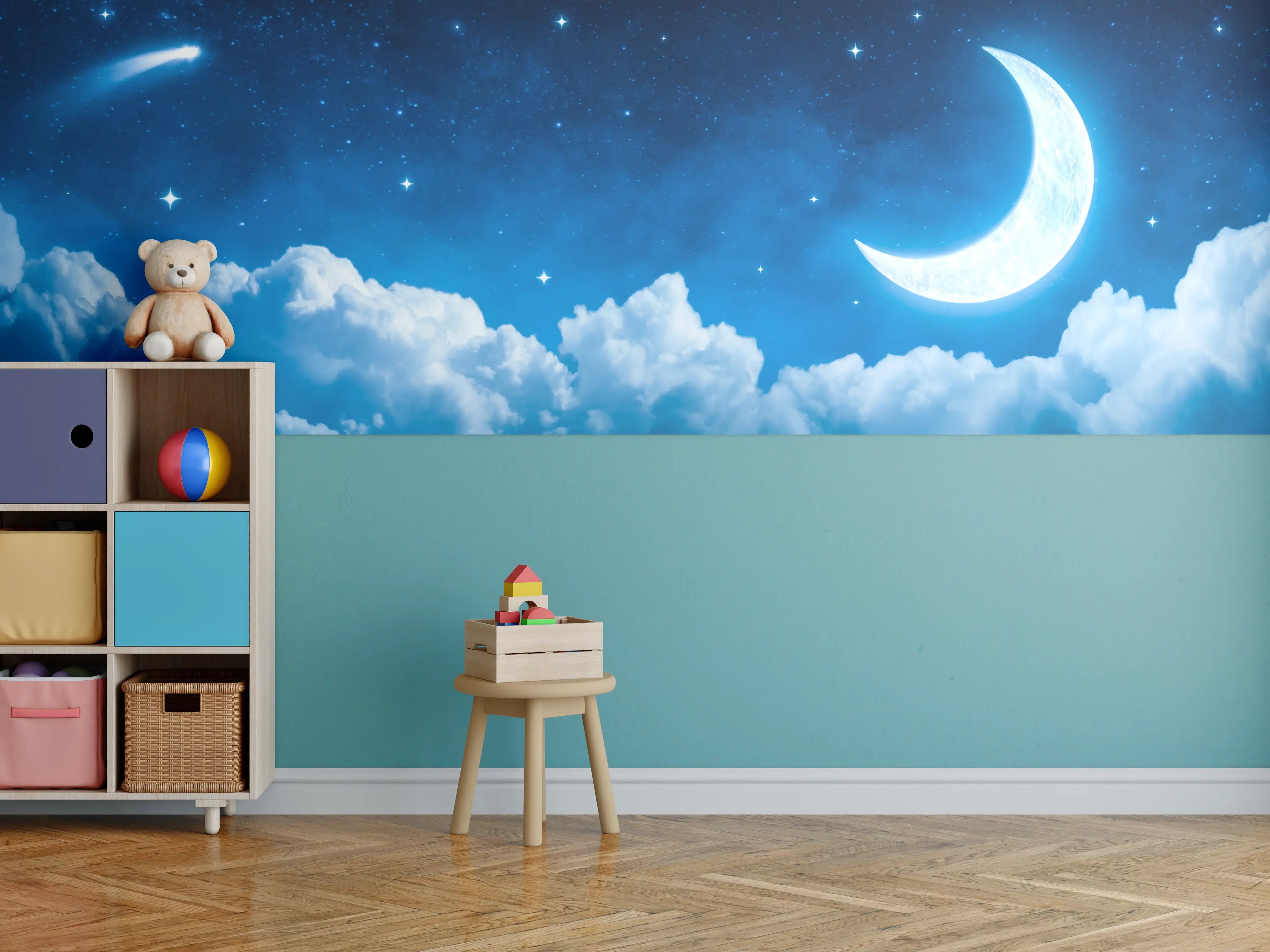 Kinderzimmer Wandgestaltung - Mond am nächtlichen Himmel mit Sternen