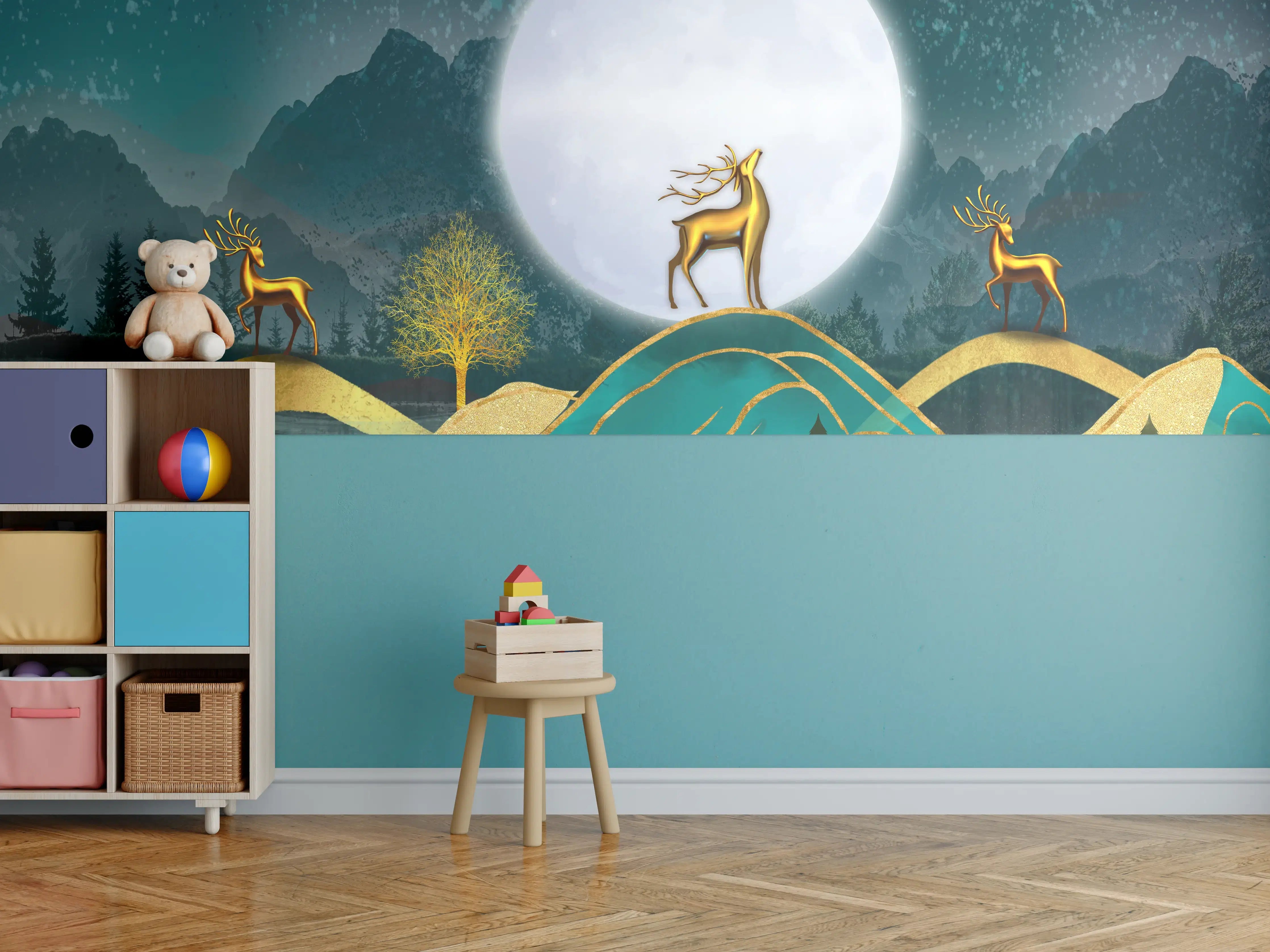 Kinderzimmer Wandgestaltung - Mondlicht mit goldenem Hirschmotiv