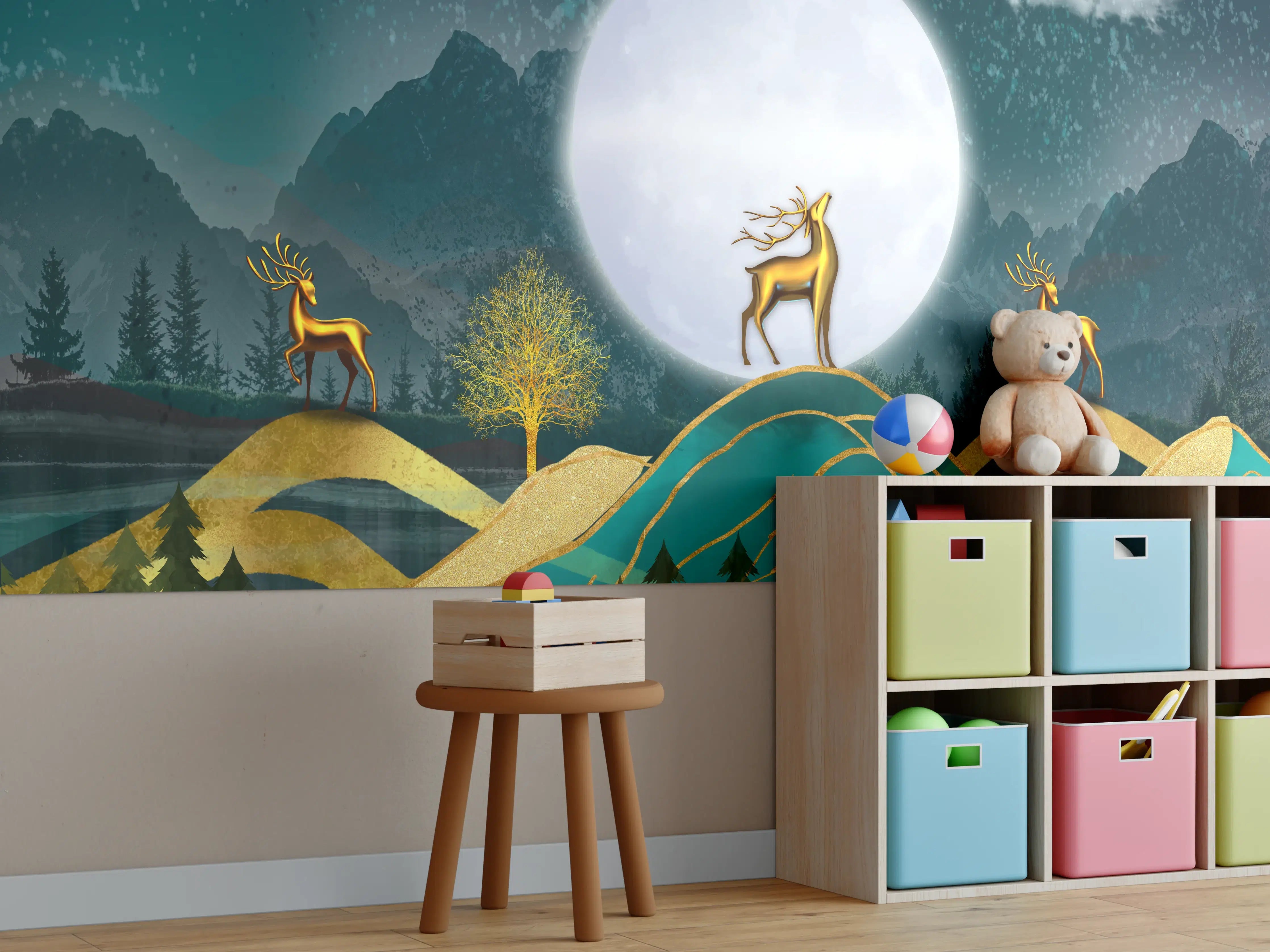 Kinderzimmer Wandgestaltung - Mondlicht mit goldenem Hirschmotiv