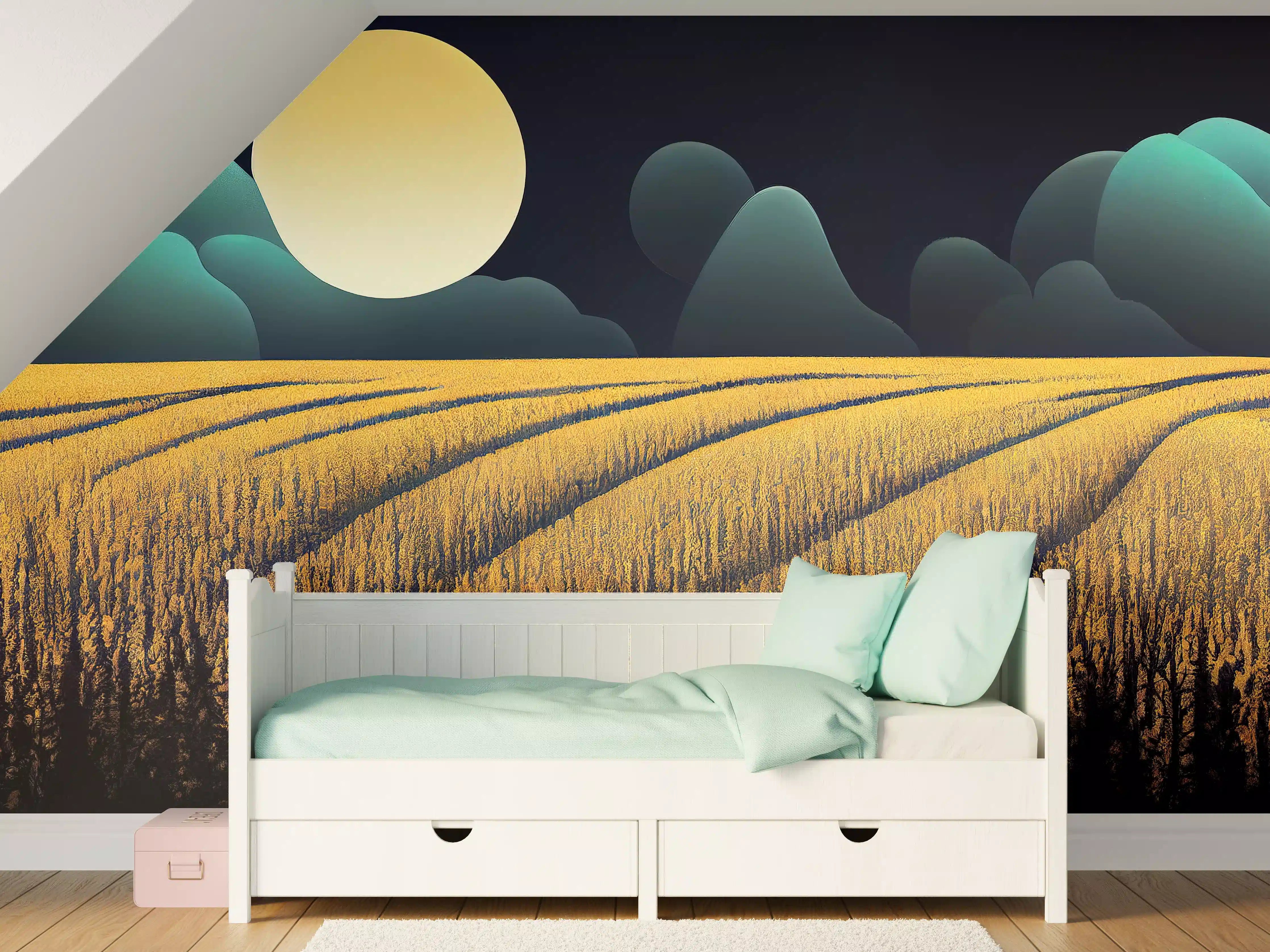 Kinderzimmer Wandgestaltung - Mondnacht Kornfeld Dunkelblau