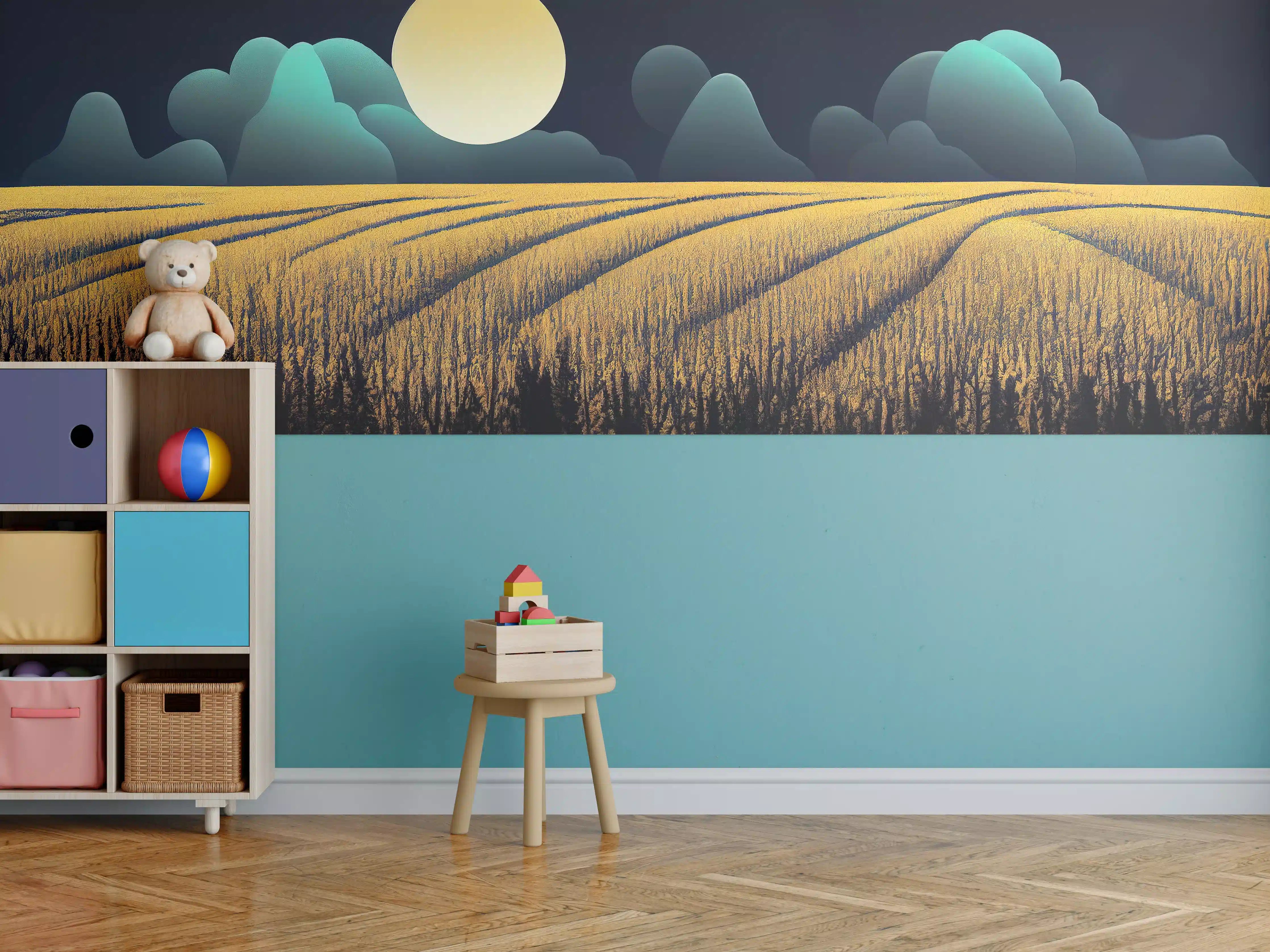Kinderzimmer Wandgestaltung - Mondnacht Kornfeld Dunkelblau