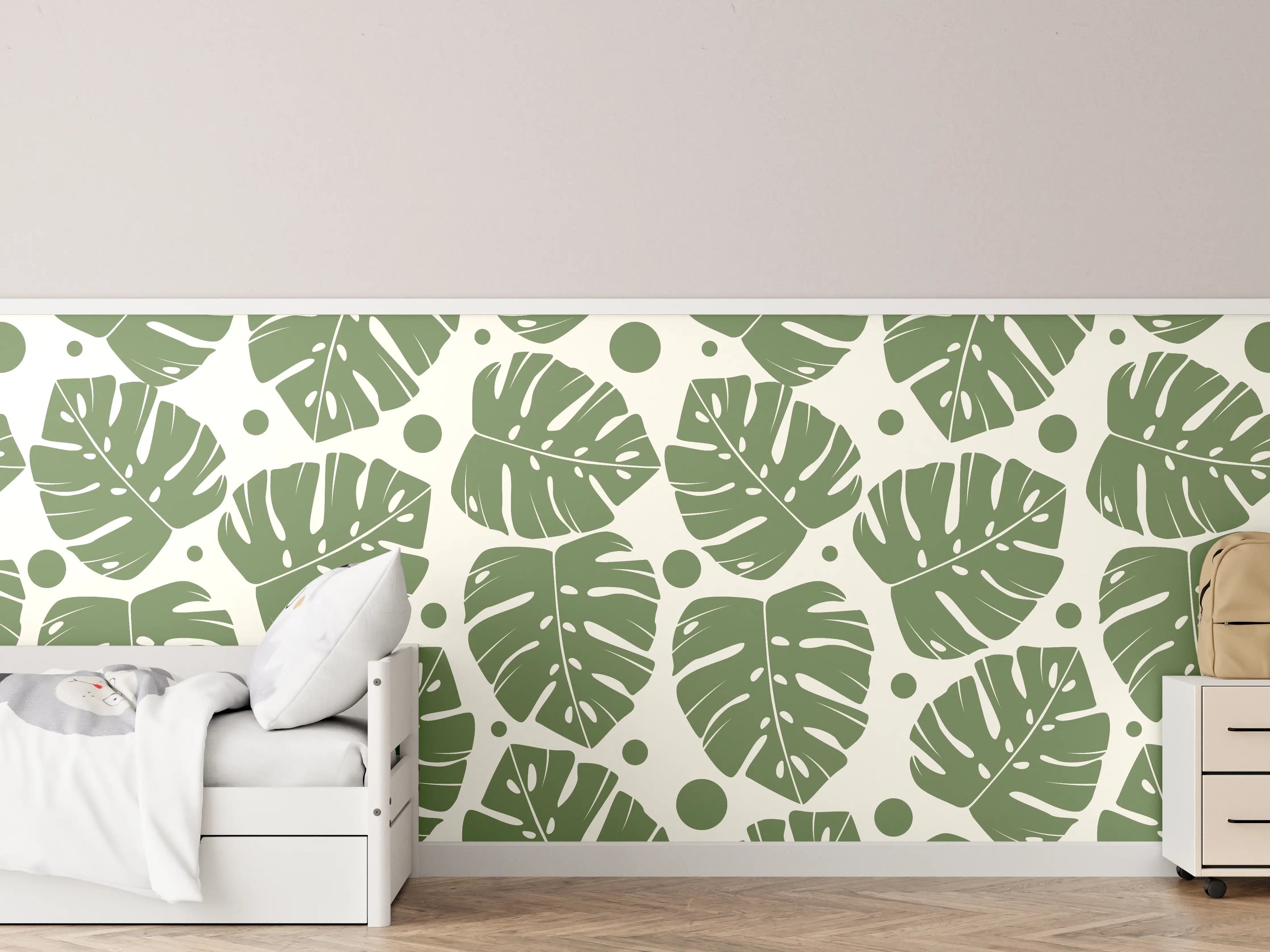Kinderzimmer Wandgestaltung - Monstera-Blätter Cremegrün