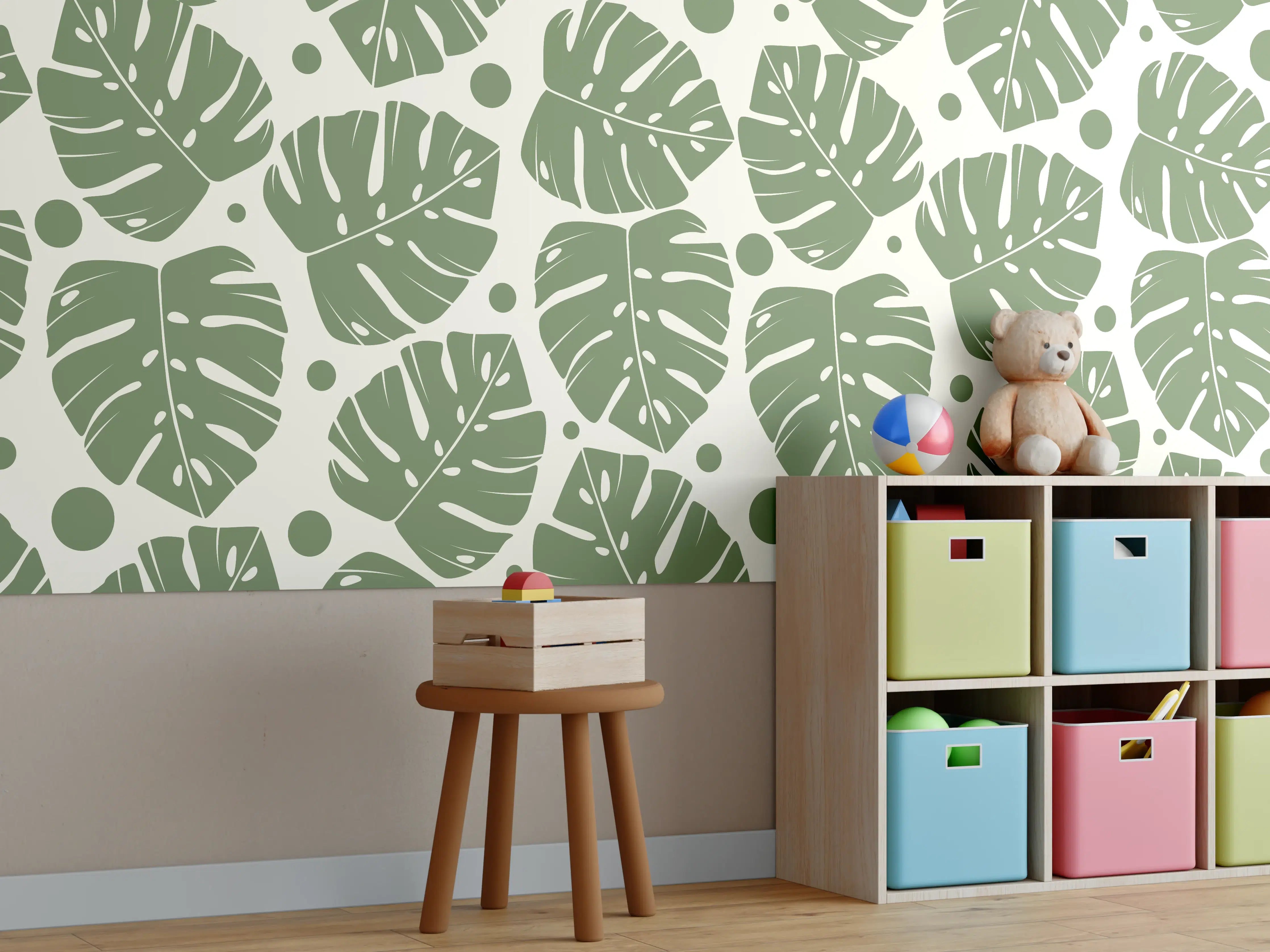 Kinderzimmer Wandgestaltung - Monstera-Blätter Cremegrün