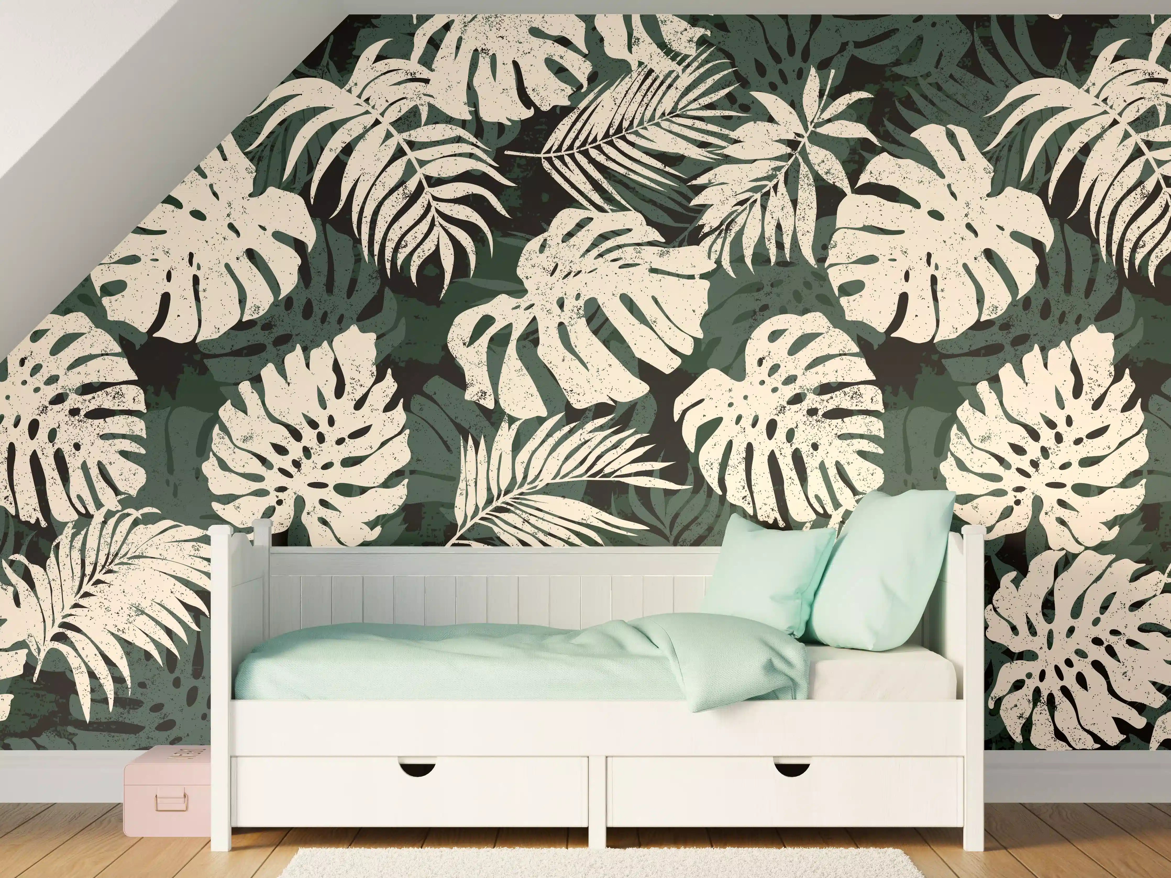 Kinderzimmer Wandgestaltung - Monstera Blattmuster Grün-Beige