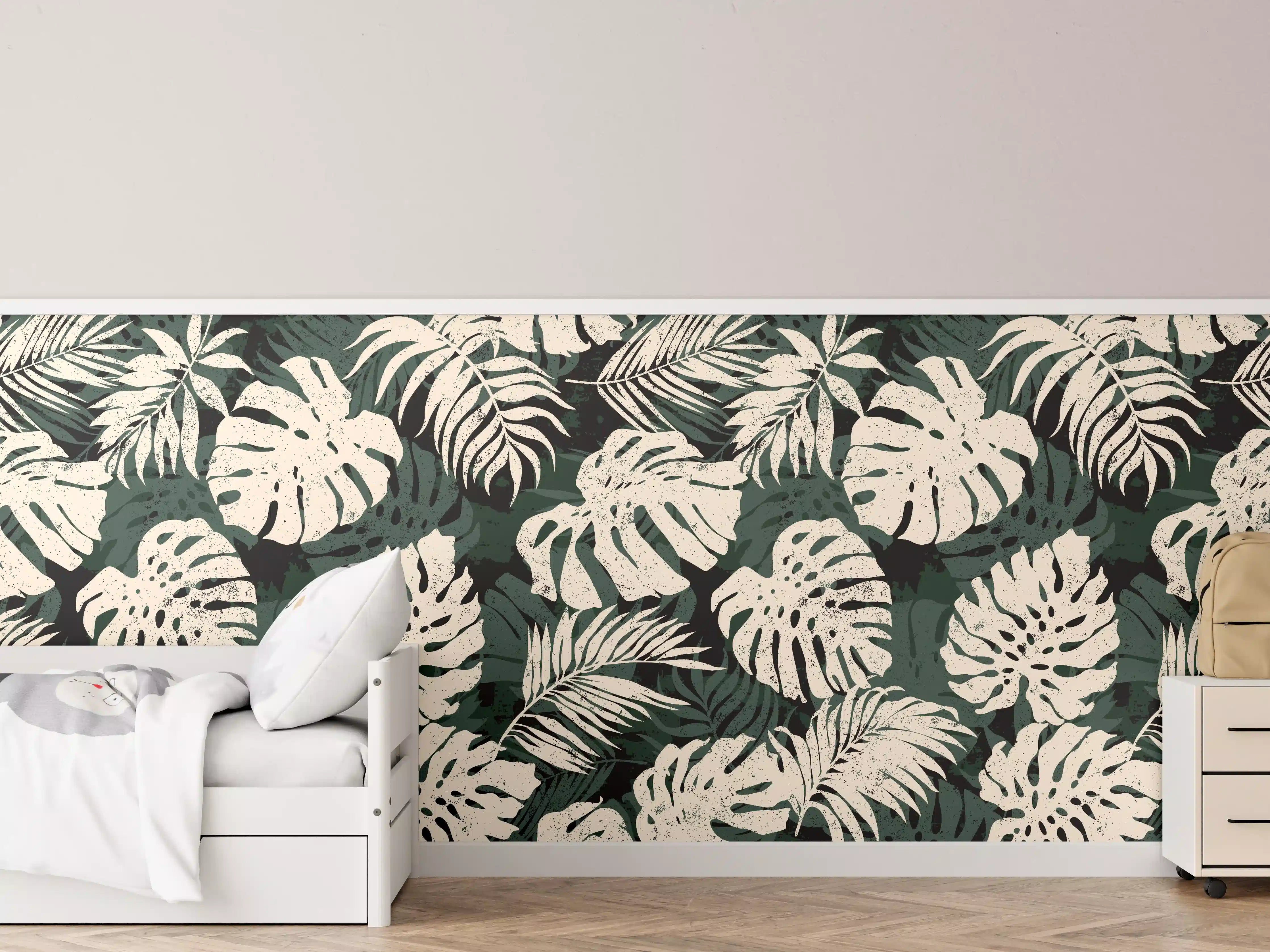 Kinderzimmer Wandgestaltung - Monstera Blattmuster Grün-Beige