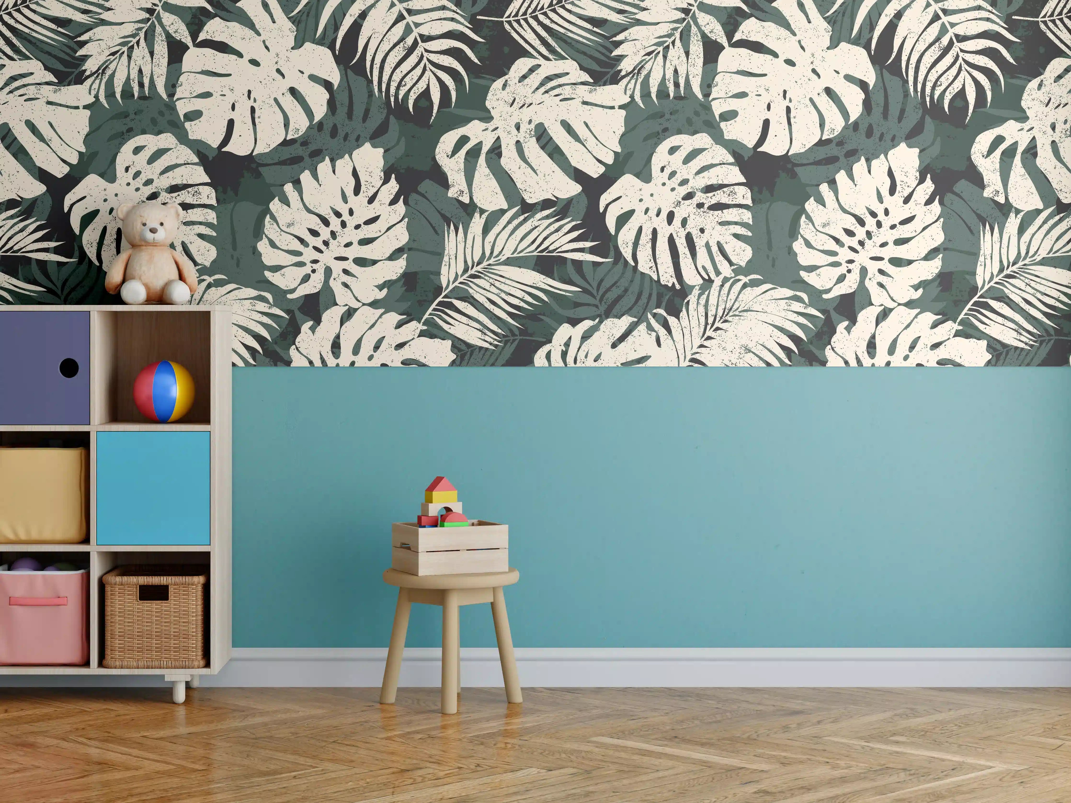 Kinderzimmer Wandgestaltung - Monstera Blattmuster Grün-Beige