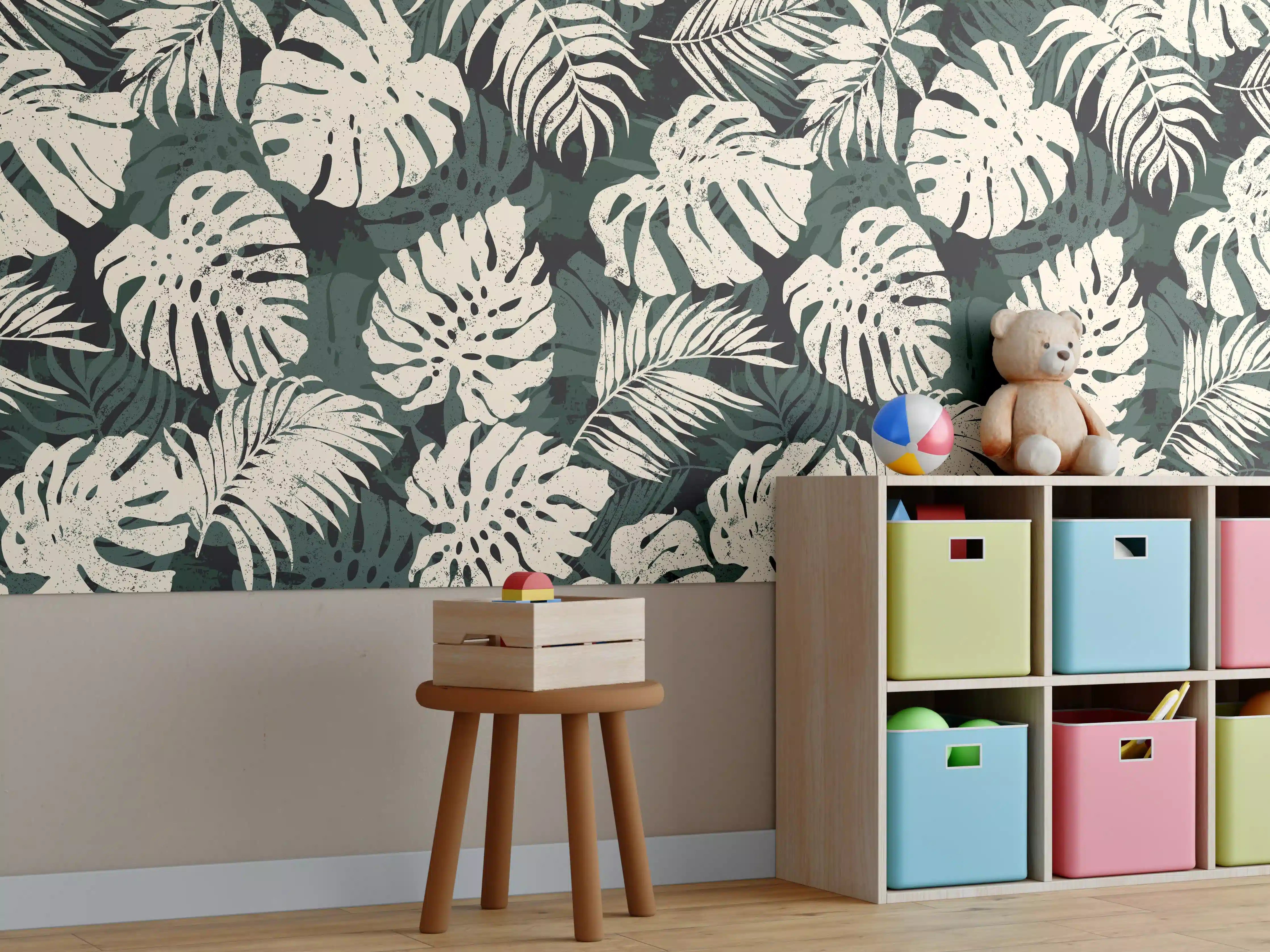Kinderzimmer Wandgestaltung - Monstera Blattmuster Grün-Beige