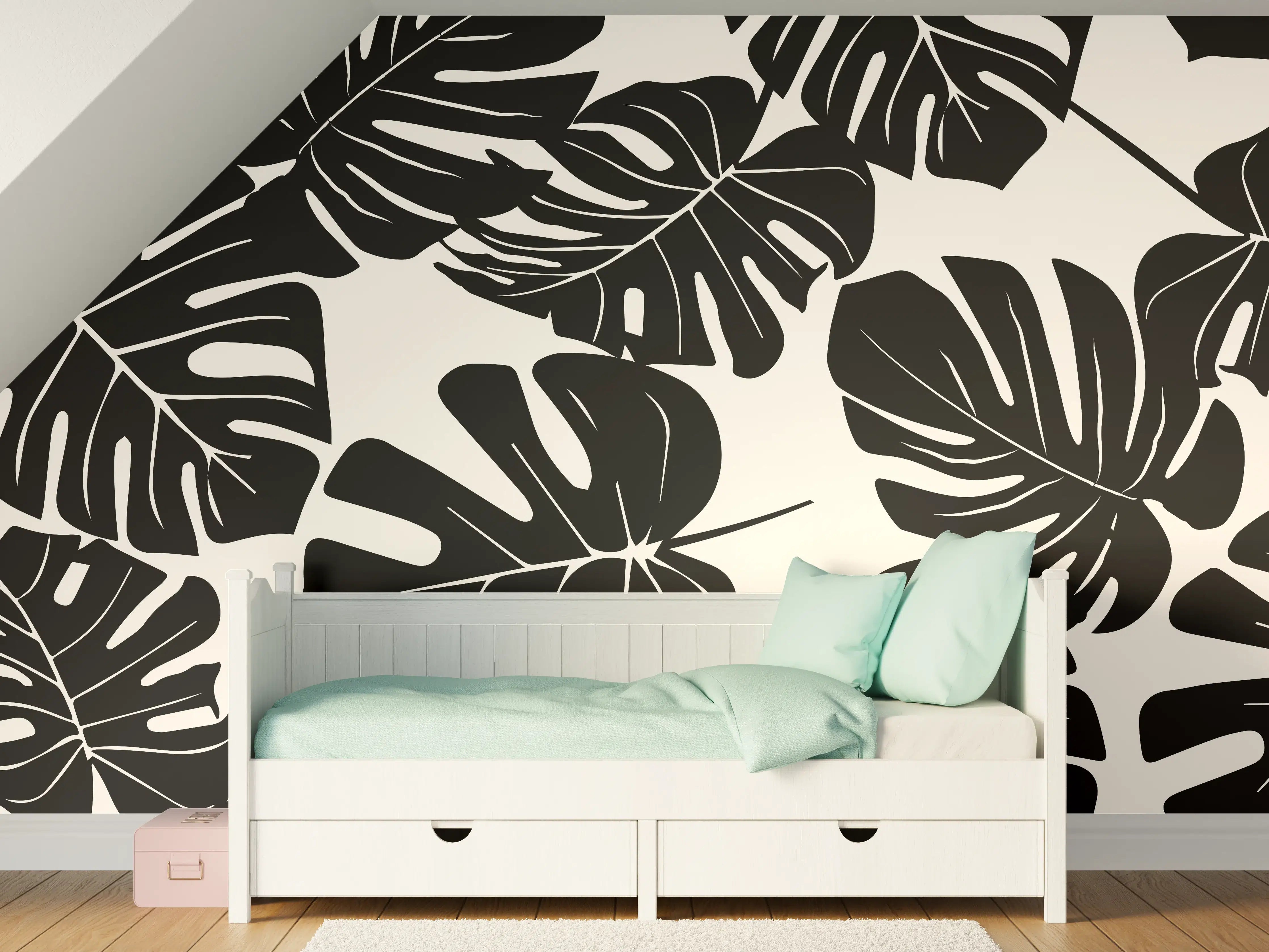Kinderzimmer Wandgestaltung - Monstera Schwarz-Beige Muster