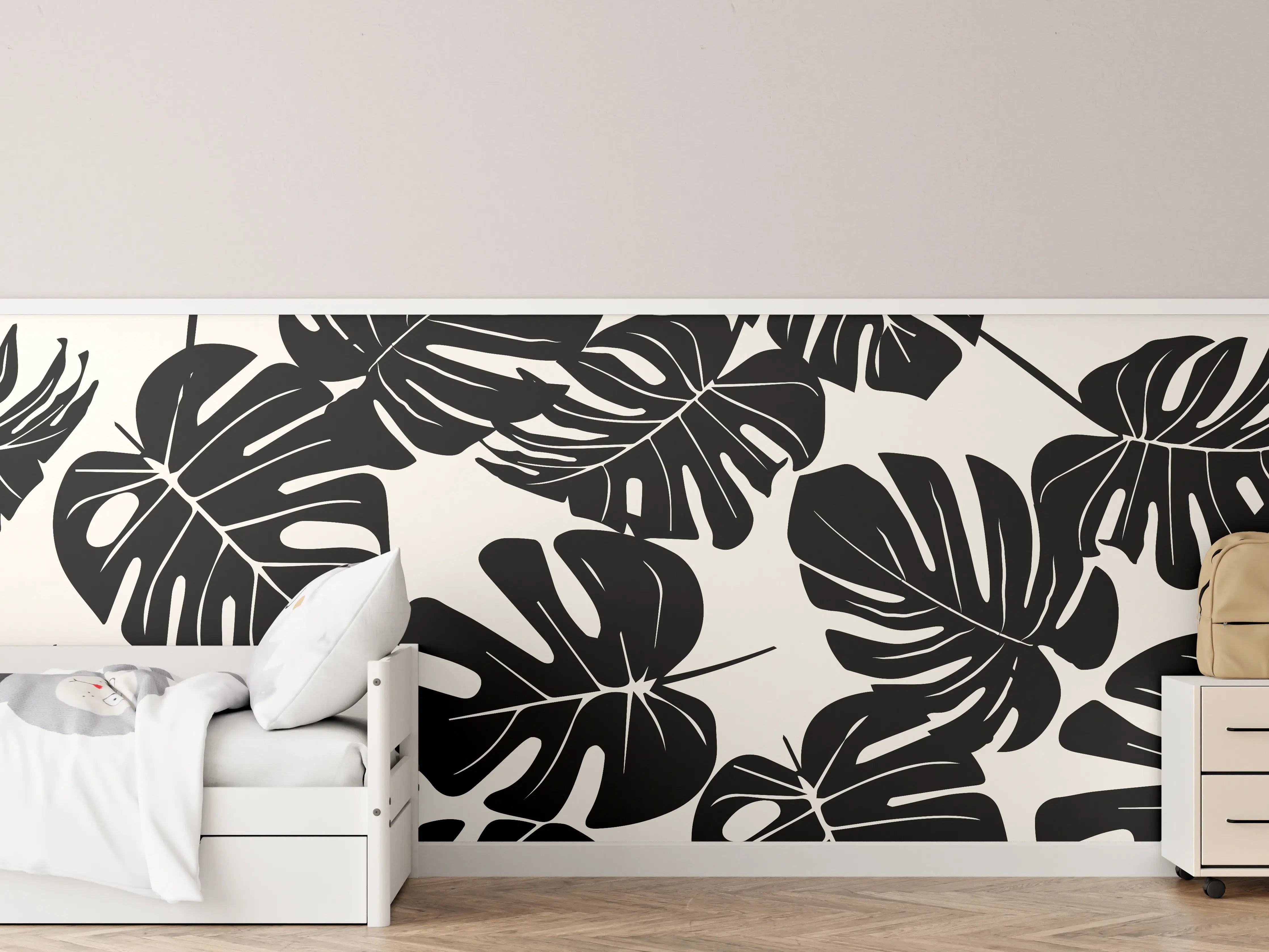 Kinderzimmer Wandgestaltung - Monstera Schwarz-Beige Muster