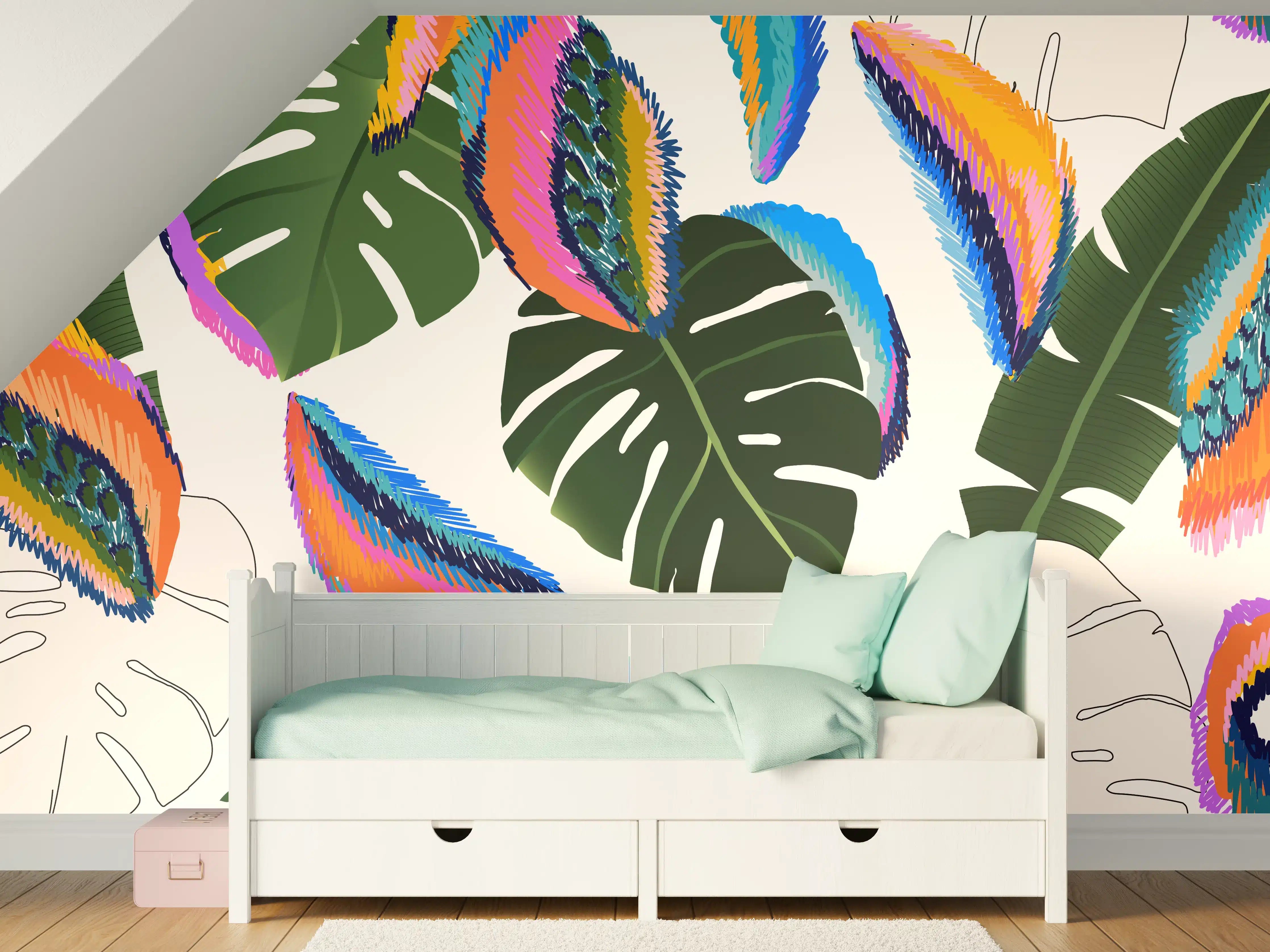 Kinderzimmer Wandgestaltung - Monstera Tropic Bunte Blätter