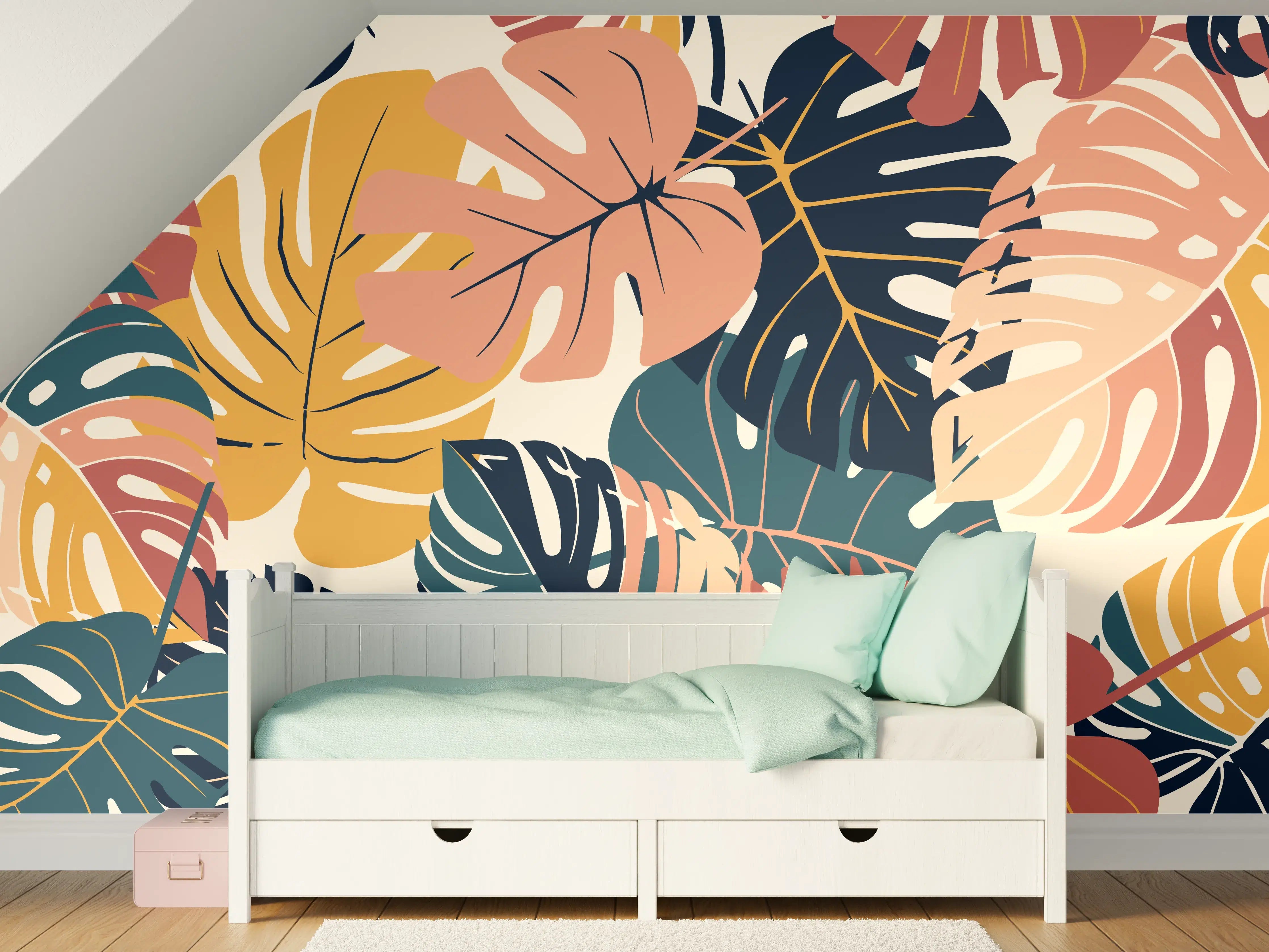 Kinderzimmer Wandgestaltung - Monstera Tropic Koralle Türkis