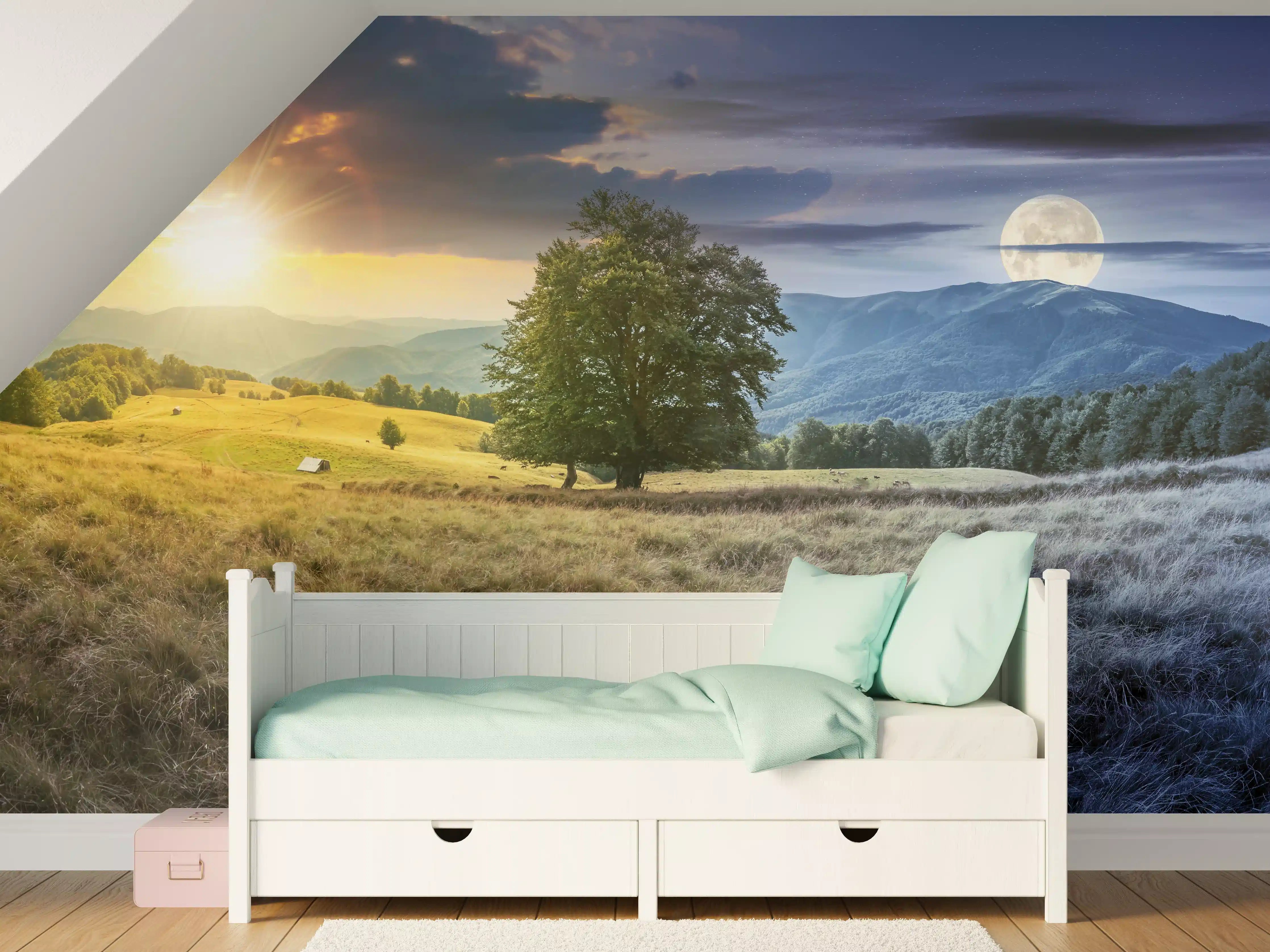 Kinderzimmer Wandgestaltung - Morgen- und Abendstimmung im Sonnenaufgang und Mondlicht