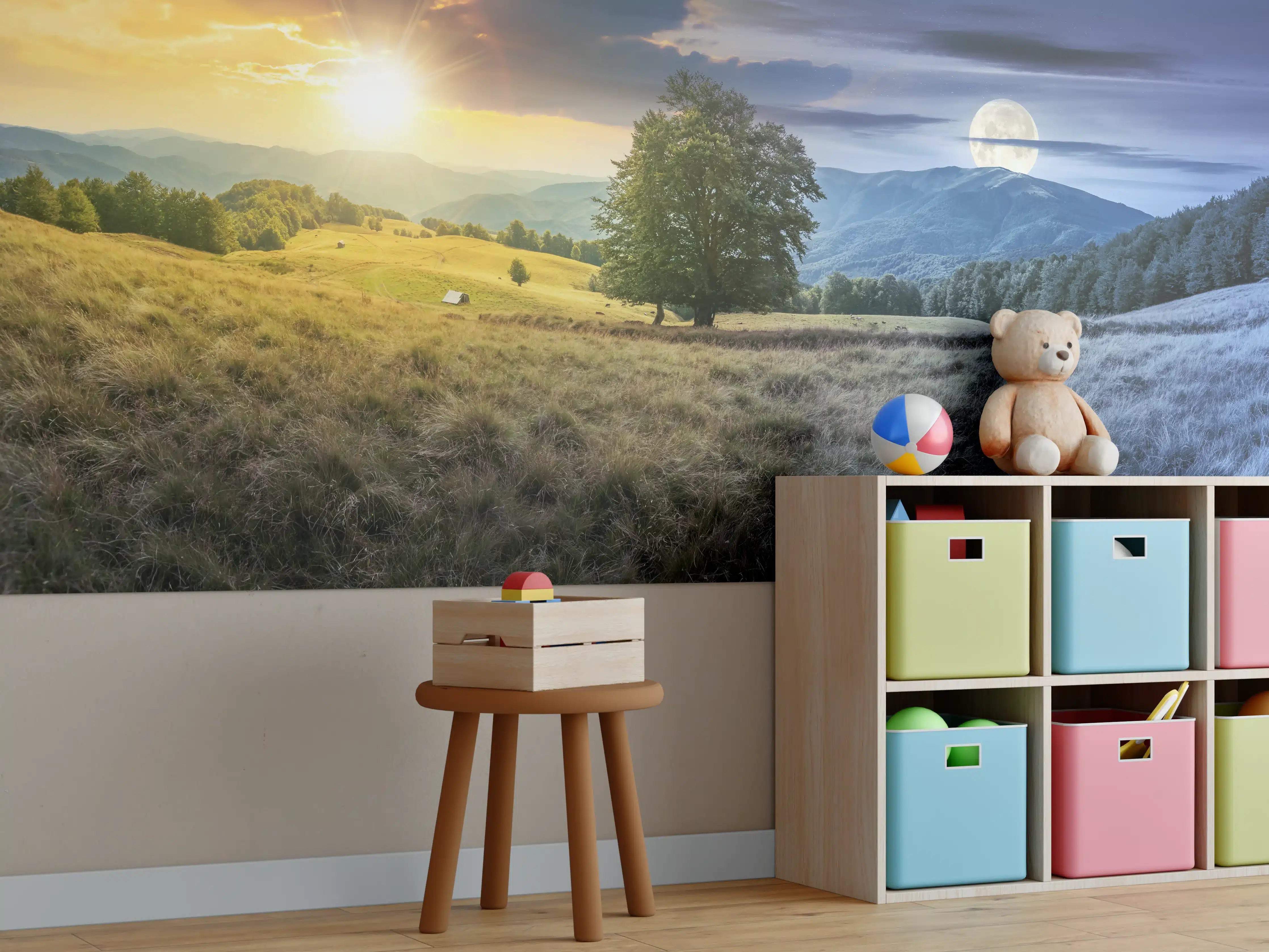 Kinderzimmer Wandgestaltung - Morgen- und Abendstimmung im Sonnenaufgang und Mondlicht