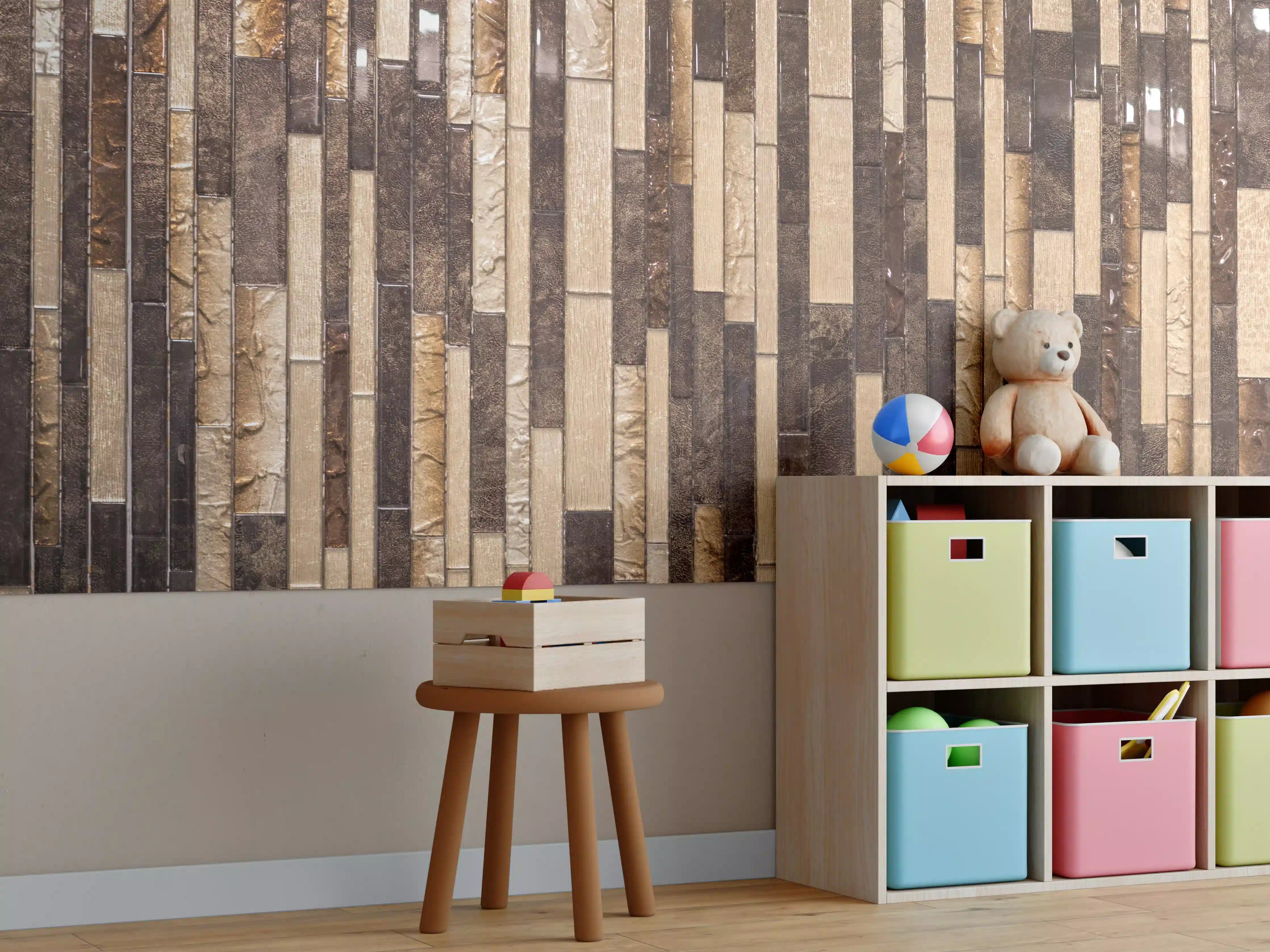 Kinderzimmer Wandgestaltung - Mosaik Holzoptik Braun Beige