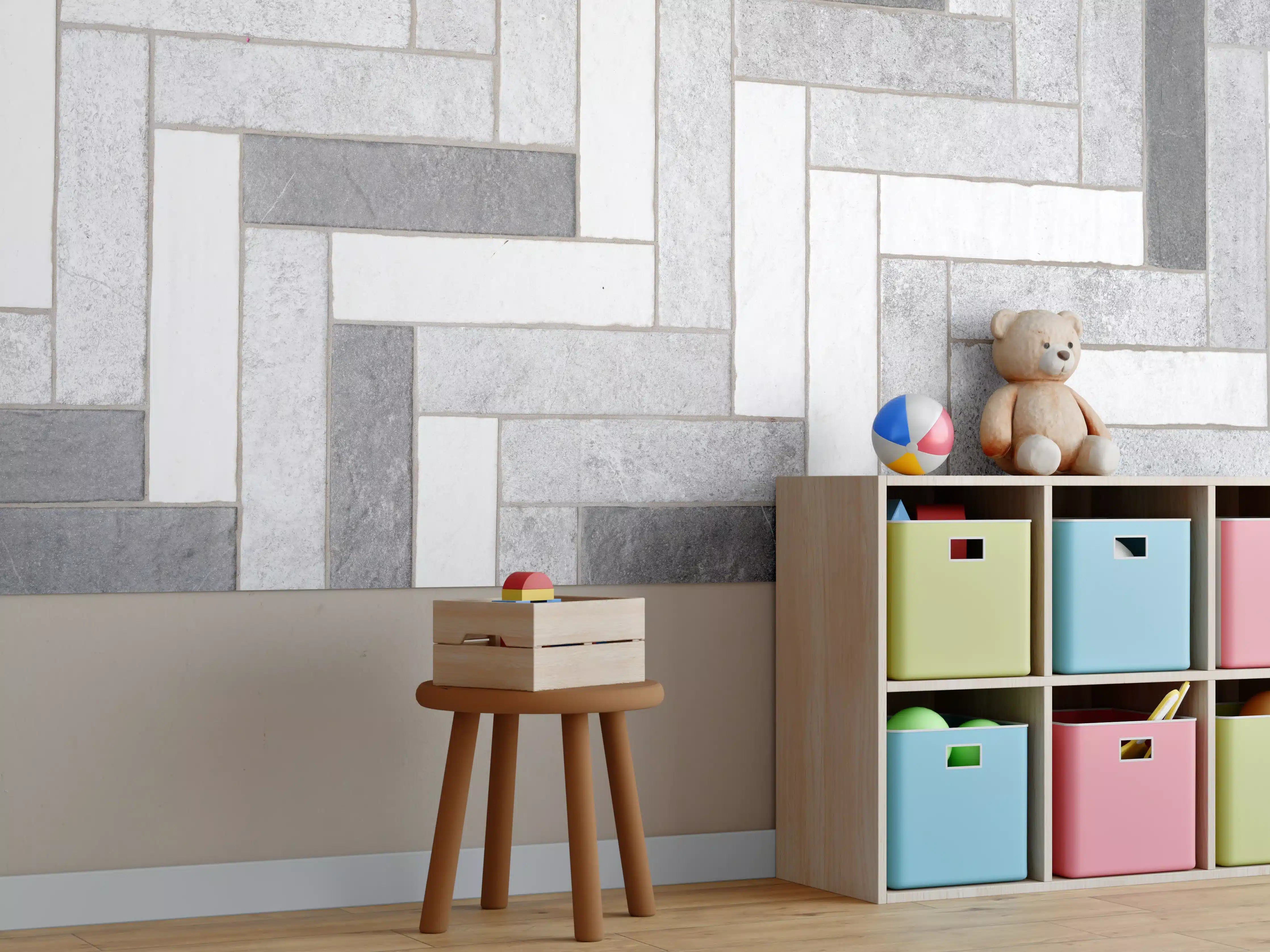 Kinderzimmer Wandgestaltung - Mosaikbodenfliesen in Rechtecken