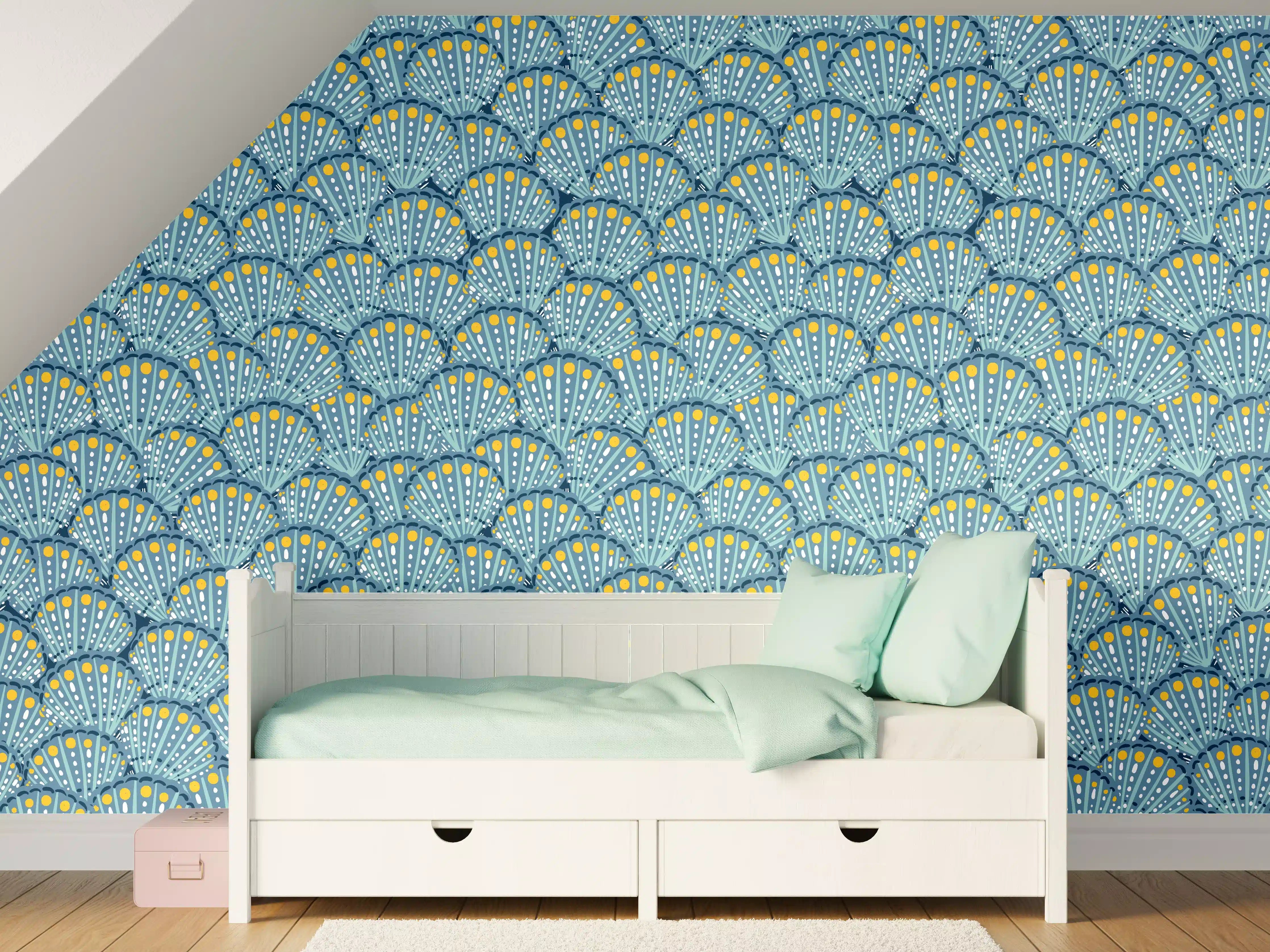 Kinderzimmer Wandgestaltung - Muschel-Muster Blau-Gelb