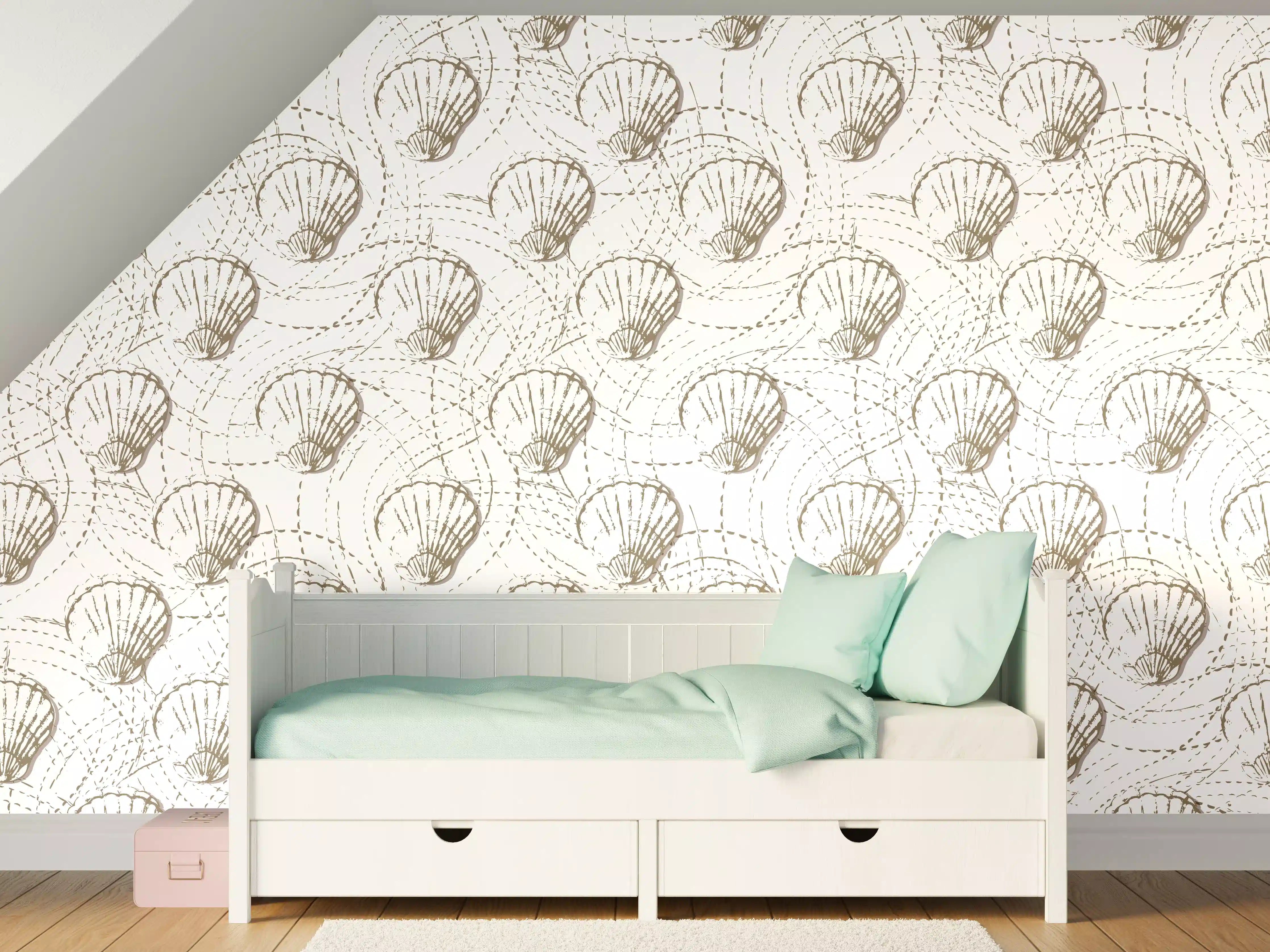 Kinderzimmer Wandgestaltung - Muschel-Muster Weiß-Beige