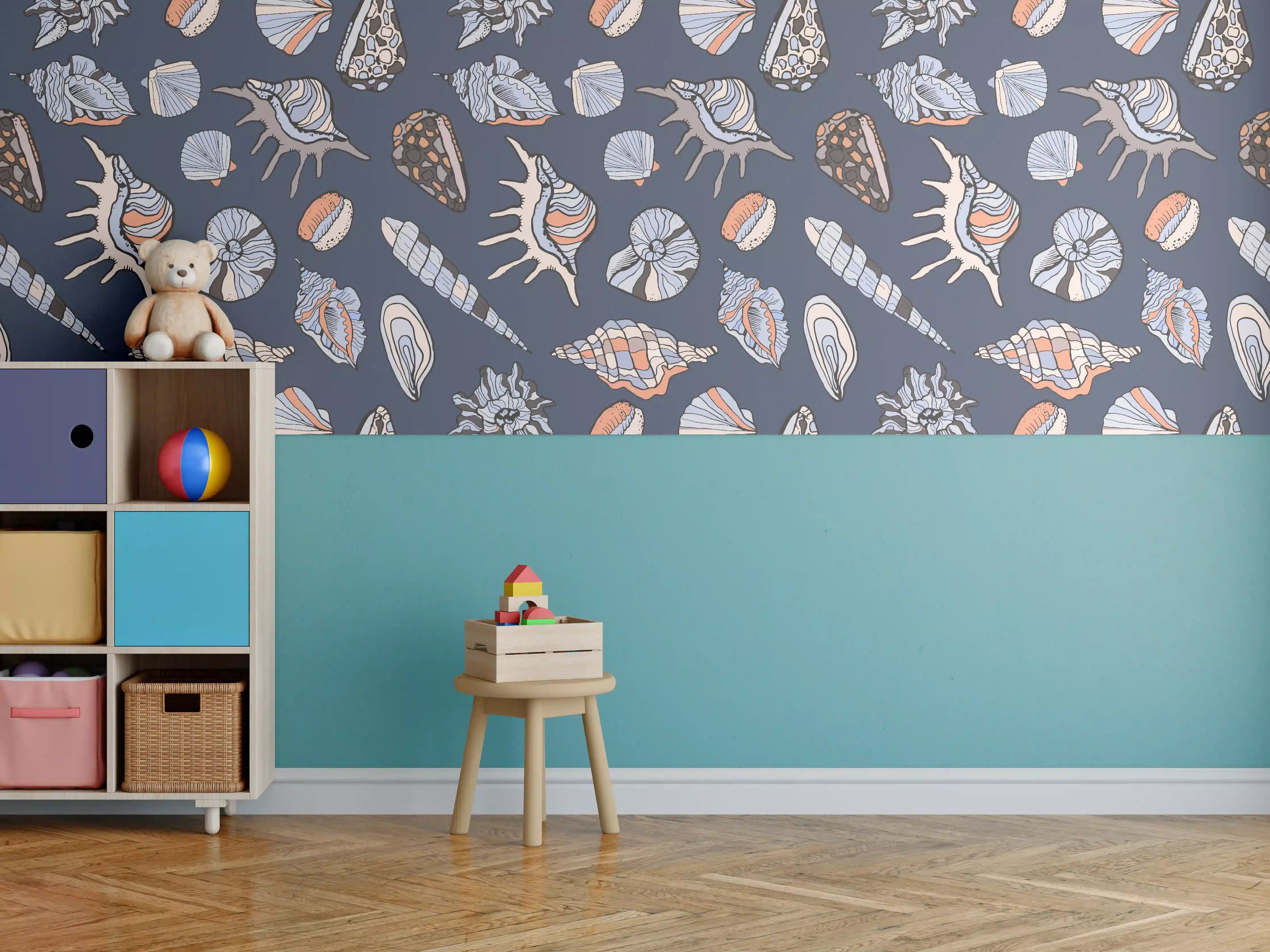 Kinderzimmer Wandgestaltung - Muschelmuster Navy Beige Orange