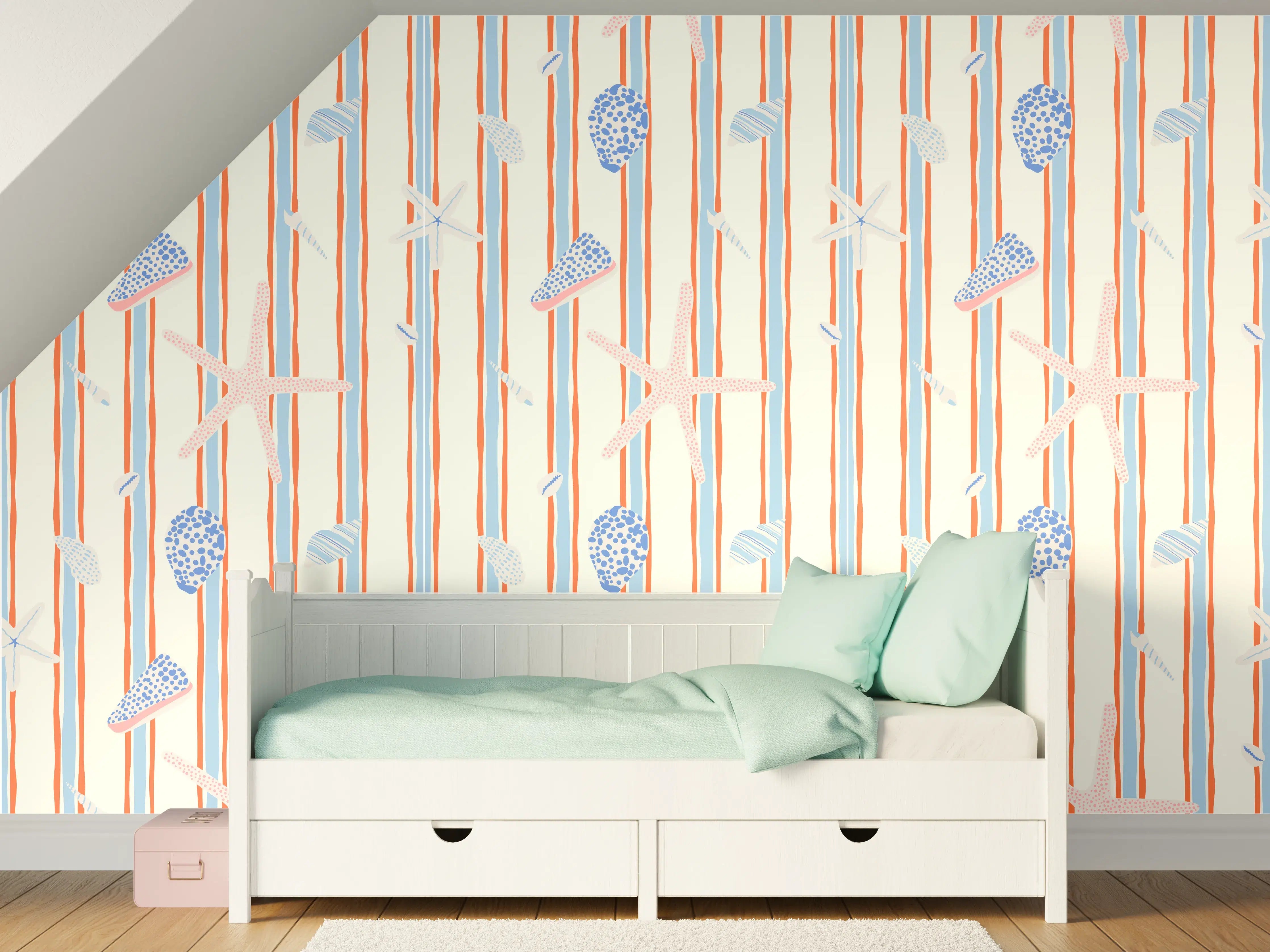 Kinderzimmer Wandgestaltung - Muschelstreifen Strandtapete Blau-Orange