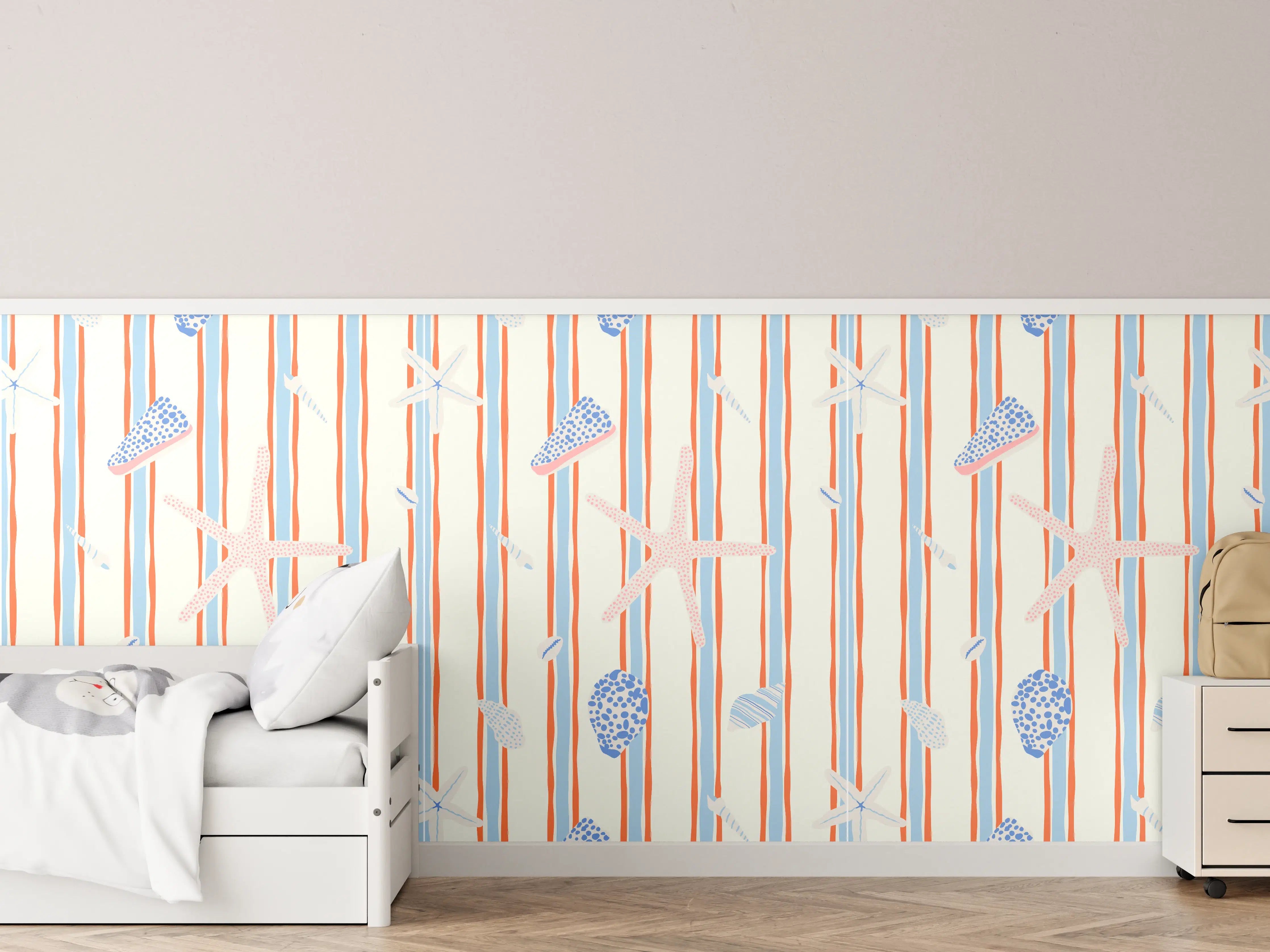 Kinderzimmer Wandgestaltung - Muschelstreifen Strandtapete Blau-Orange