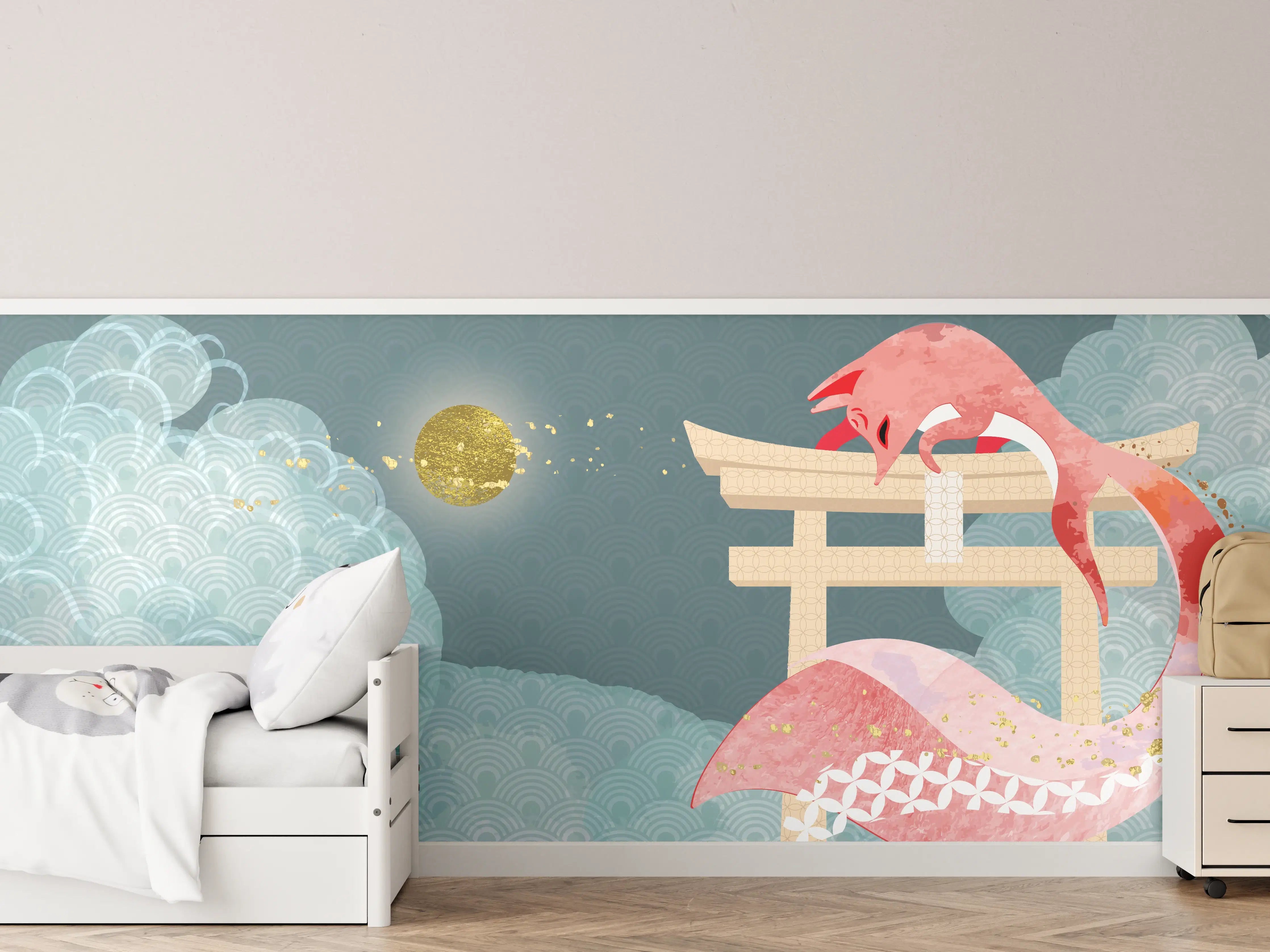 Kinderzimmer Wandgestaltung - Mystischer Drache vor japanischem Tor