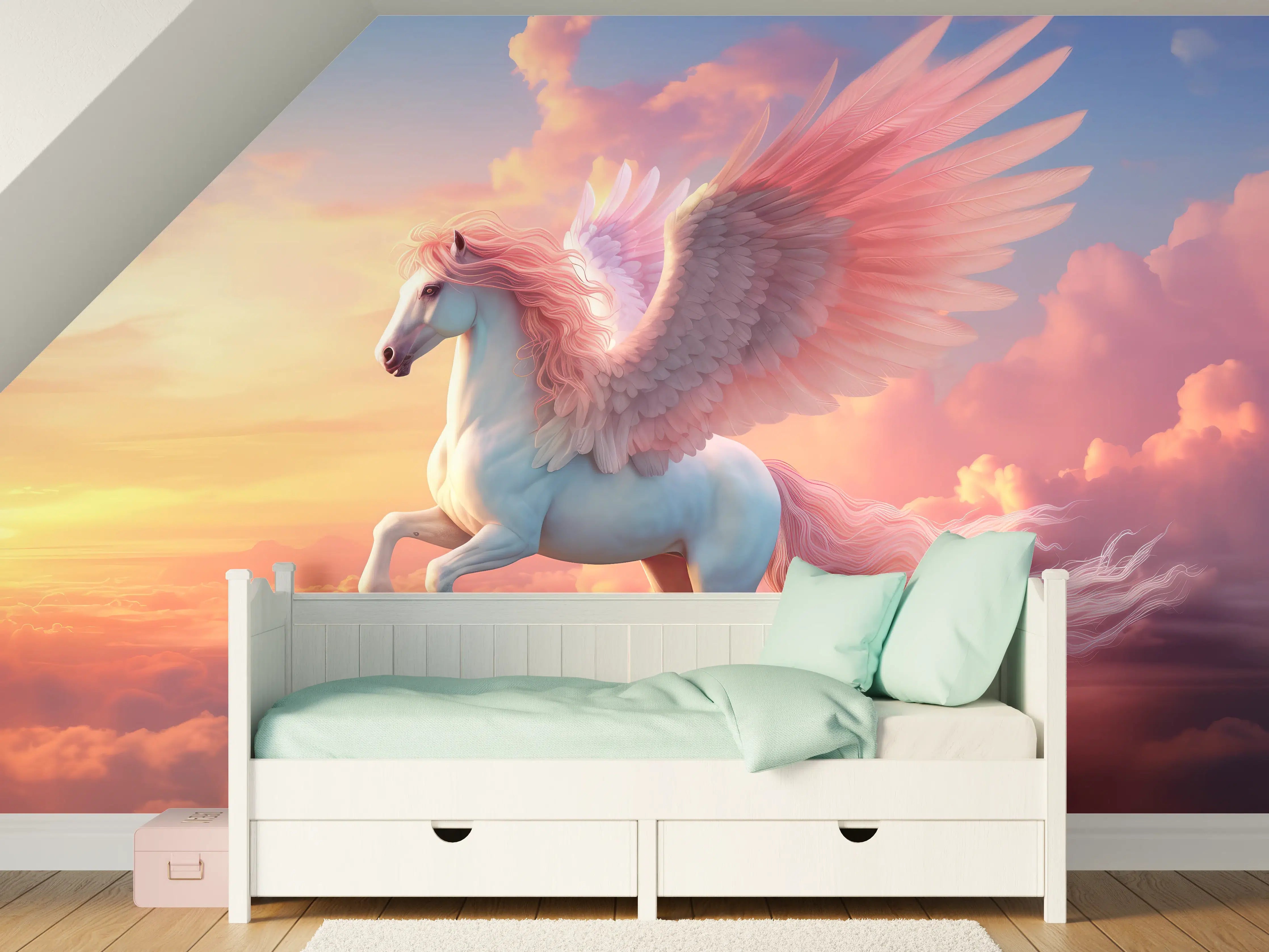 Kinderzimmer Wandgestaltung - Mythischer Pegasus im Sonnenuntergang