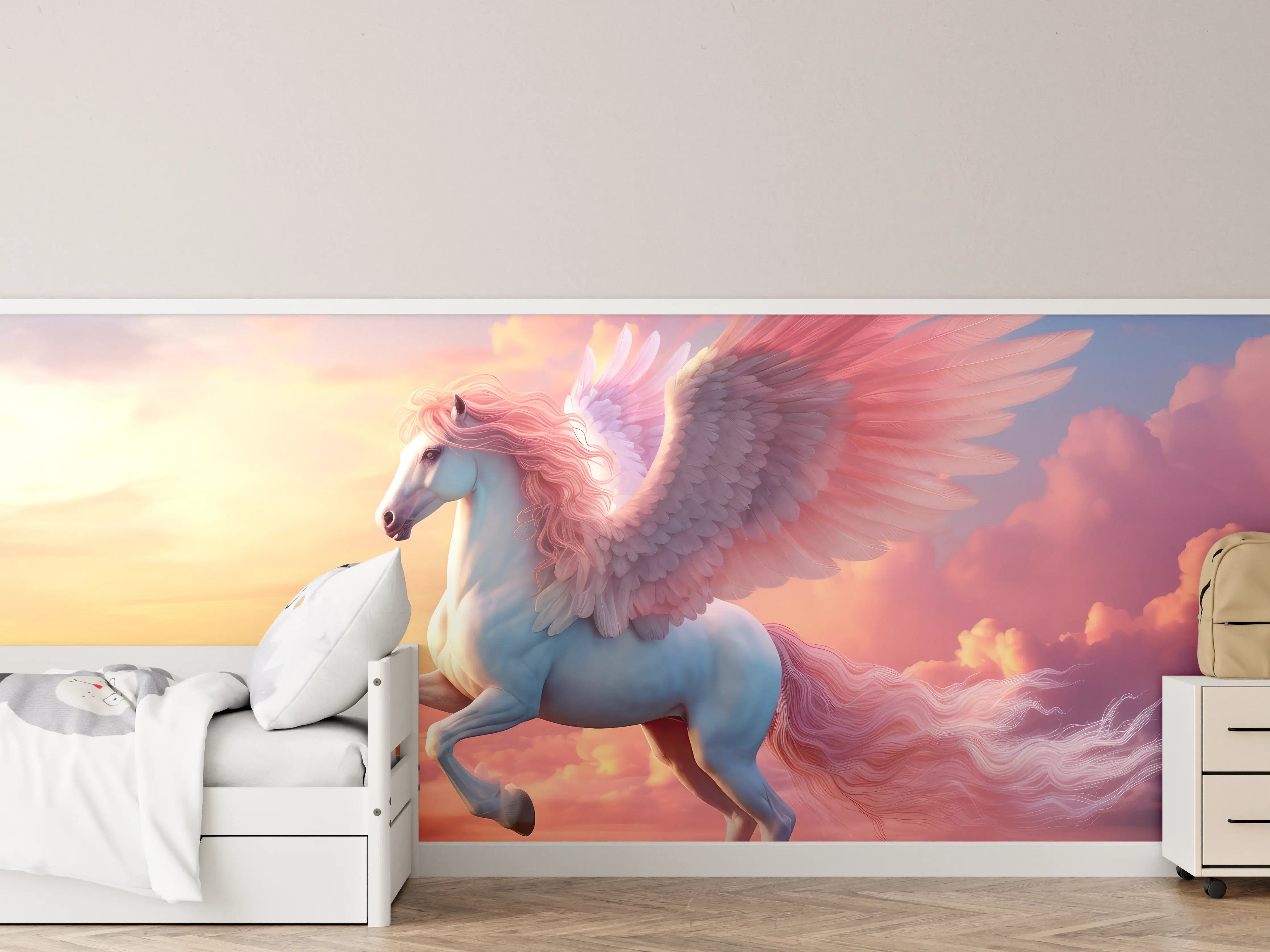 Kinderzimmer Wandgestaltung - Mythischer Pegasus im Sonnenuntergang