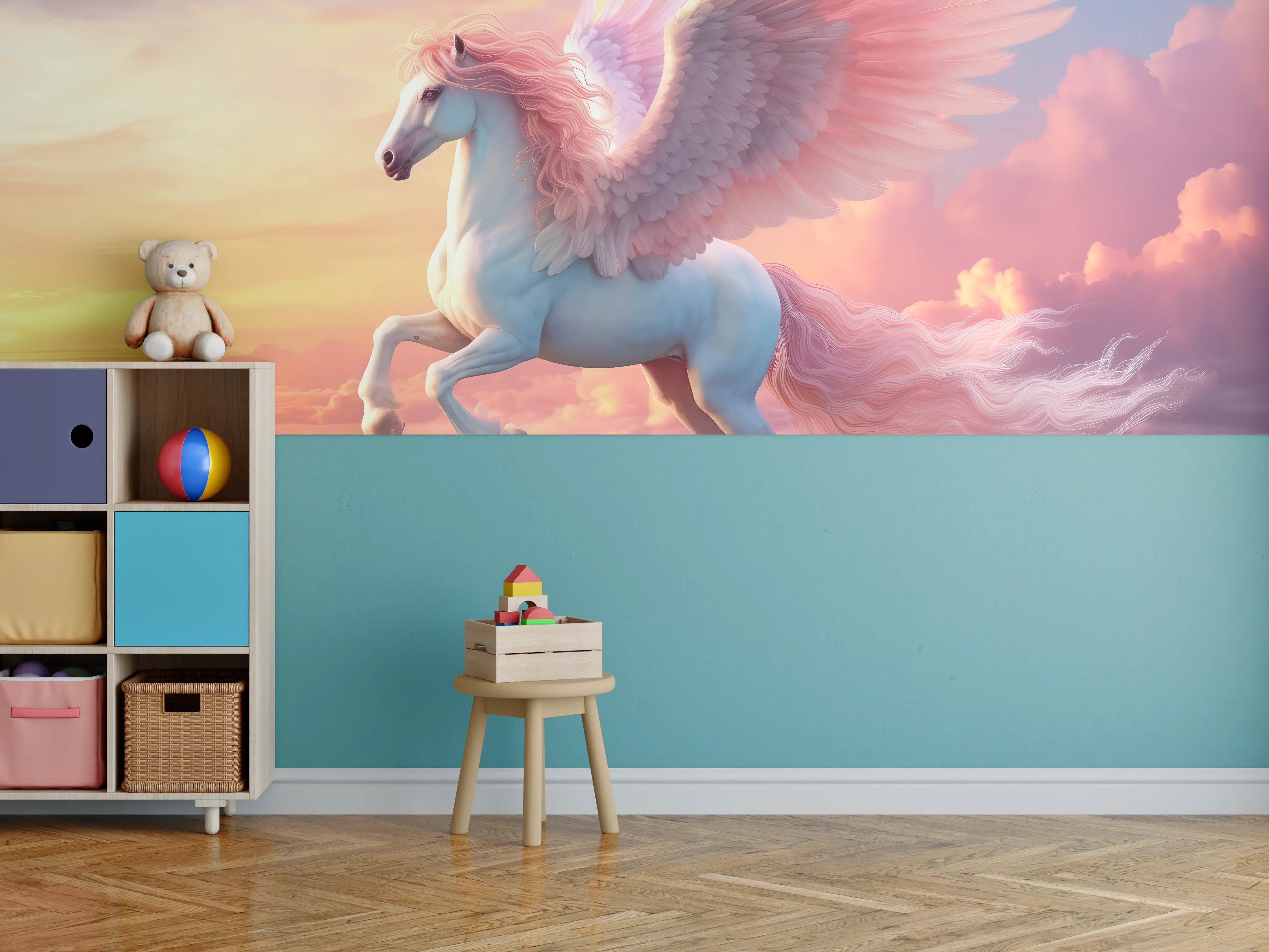 Kinderzimmer Wandgestaltung - Mythischer Pegasus im Sonnenuntergang