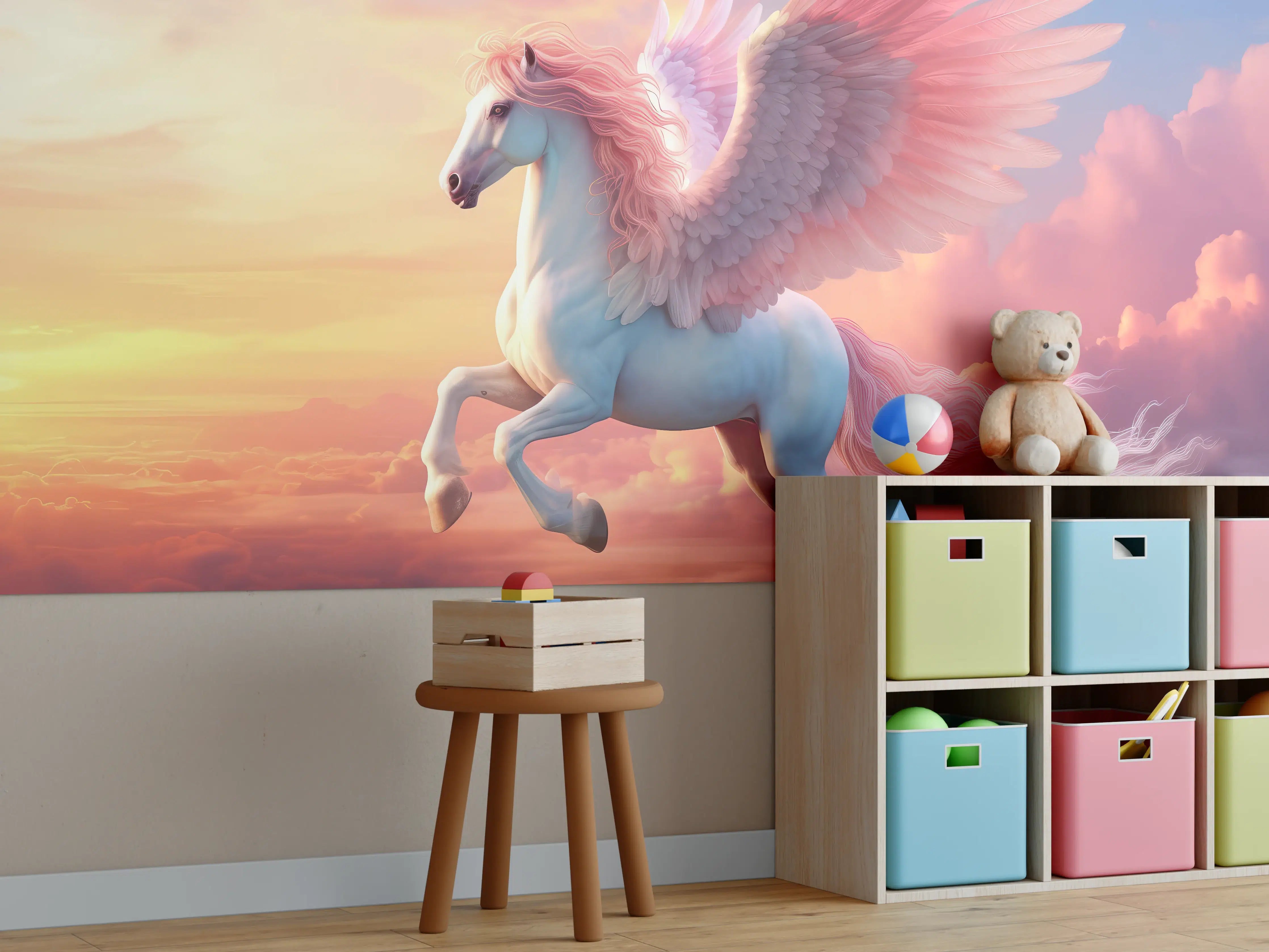 Kinderzimmer Wandgestaltung - Mythischer Pegasus im Sonnenuntergang