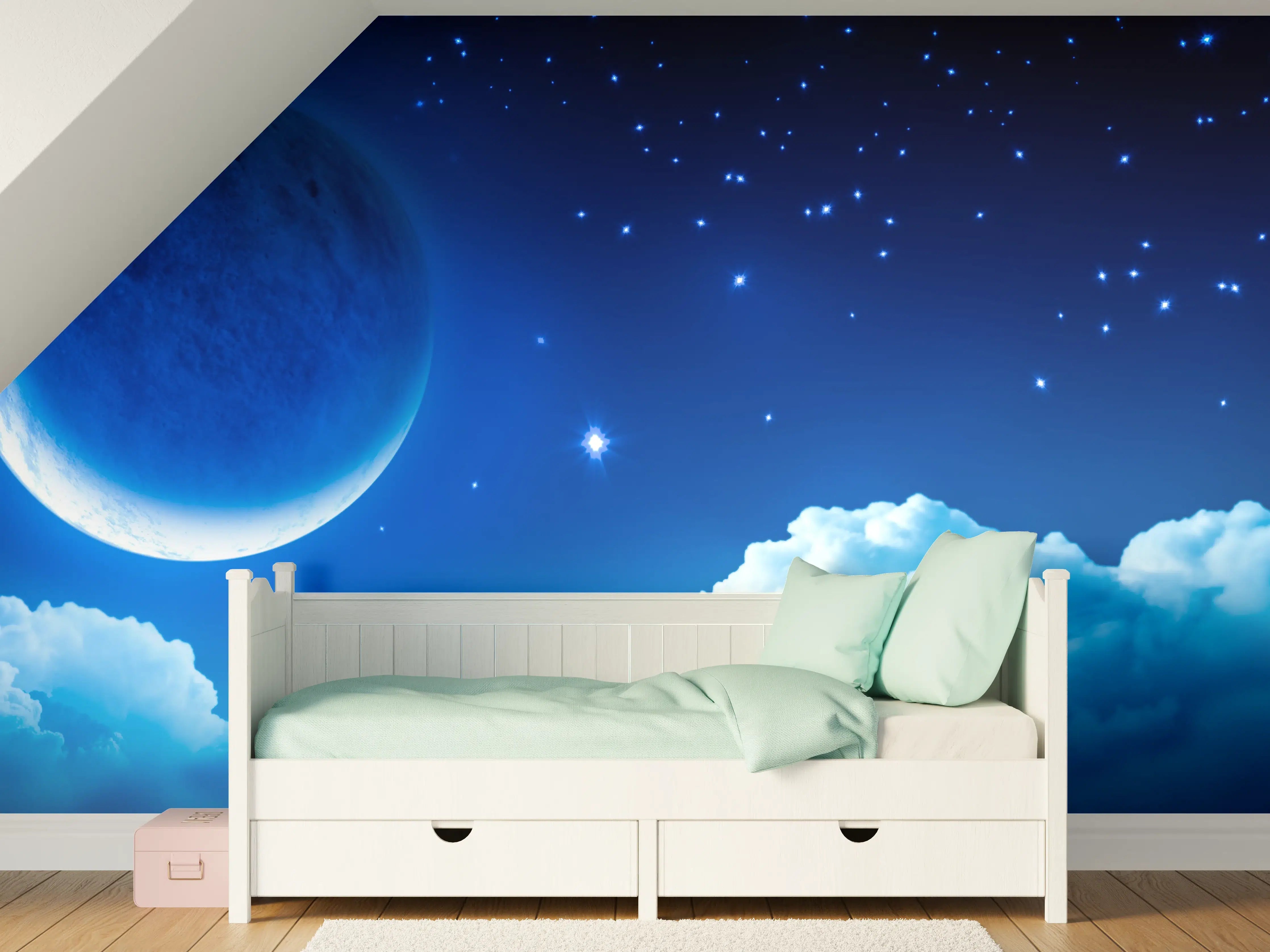 Kinderzimmer Wandgestaltung - Nächtlicher Himmel mit Mond und Sternen