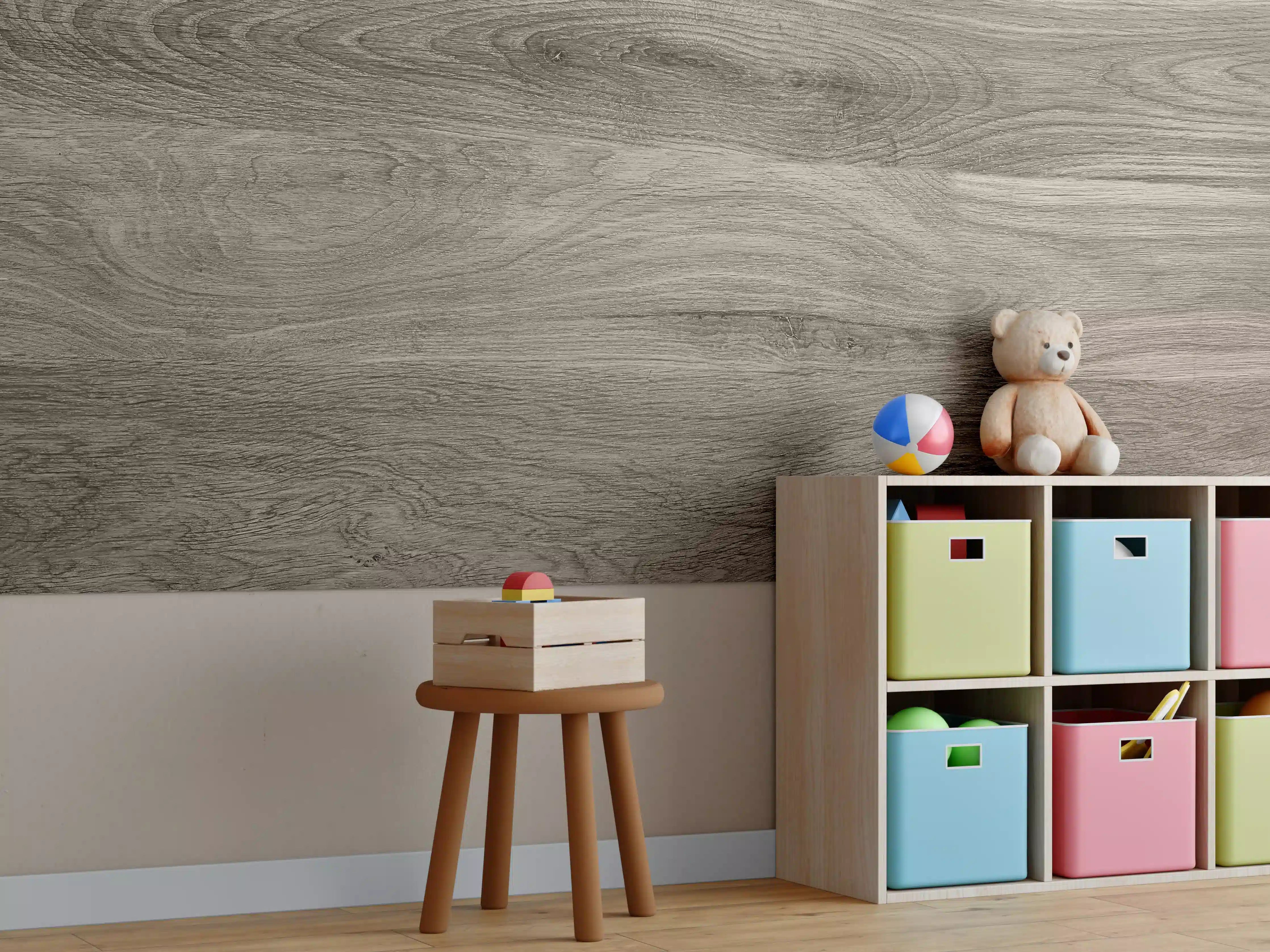 Kinderzimmer Wandgestaltung - Natürliche Holzmaserung in warmen Brauntönen