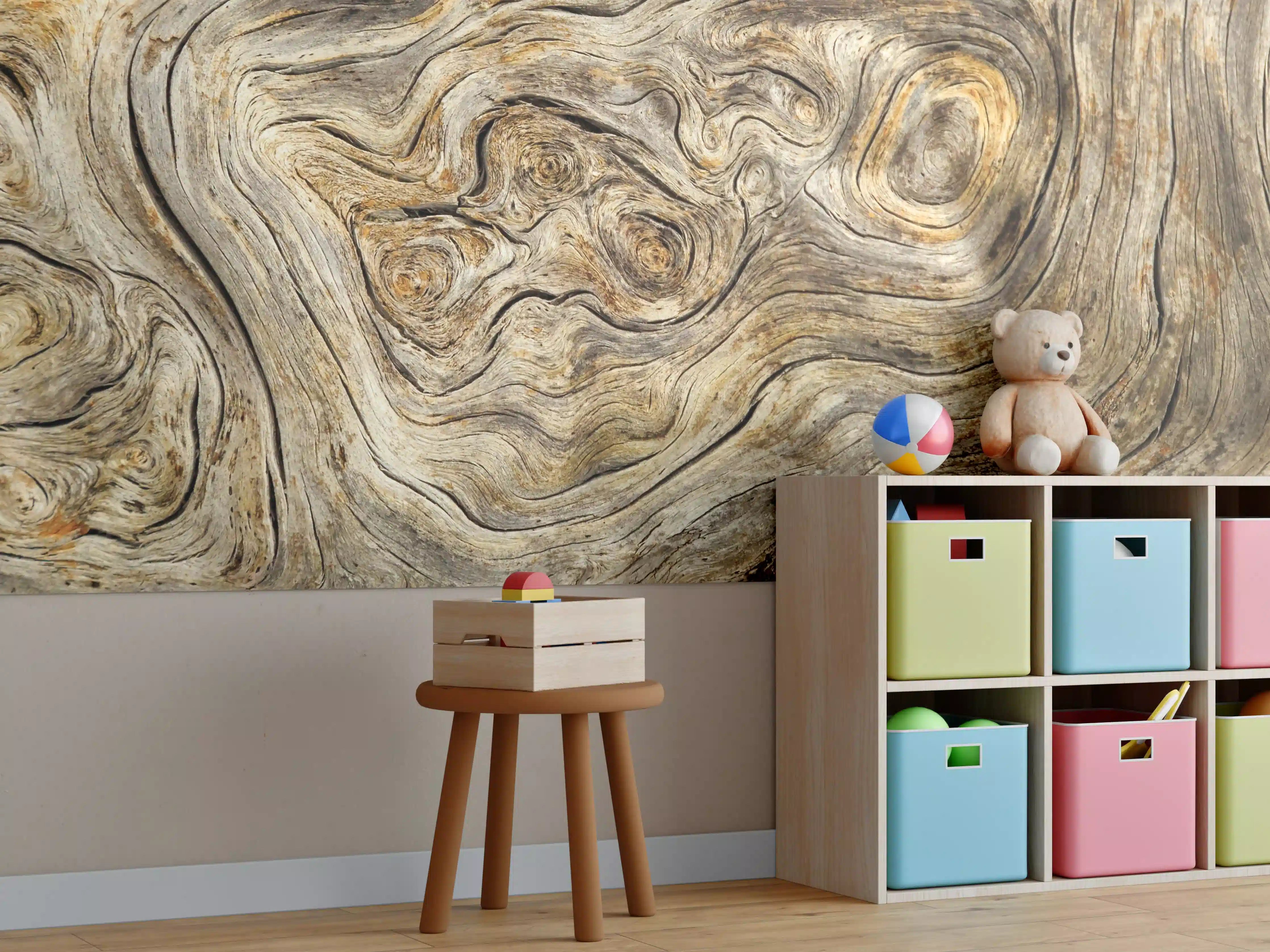 Kinderzimmer Wandgestaltung - Natürliche Holzmaserung in warmen Tönen