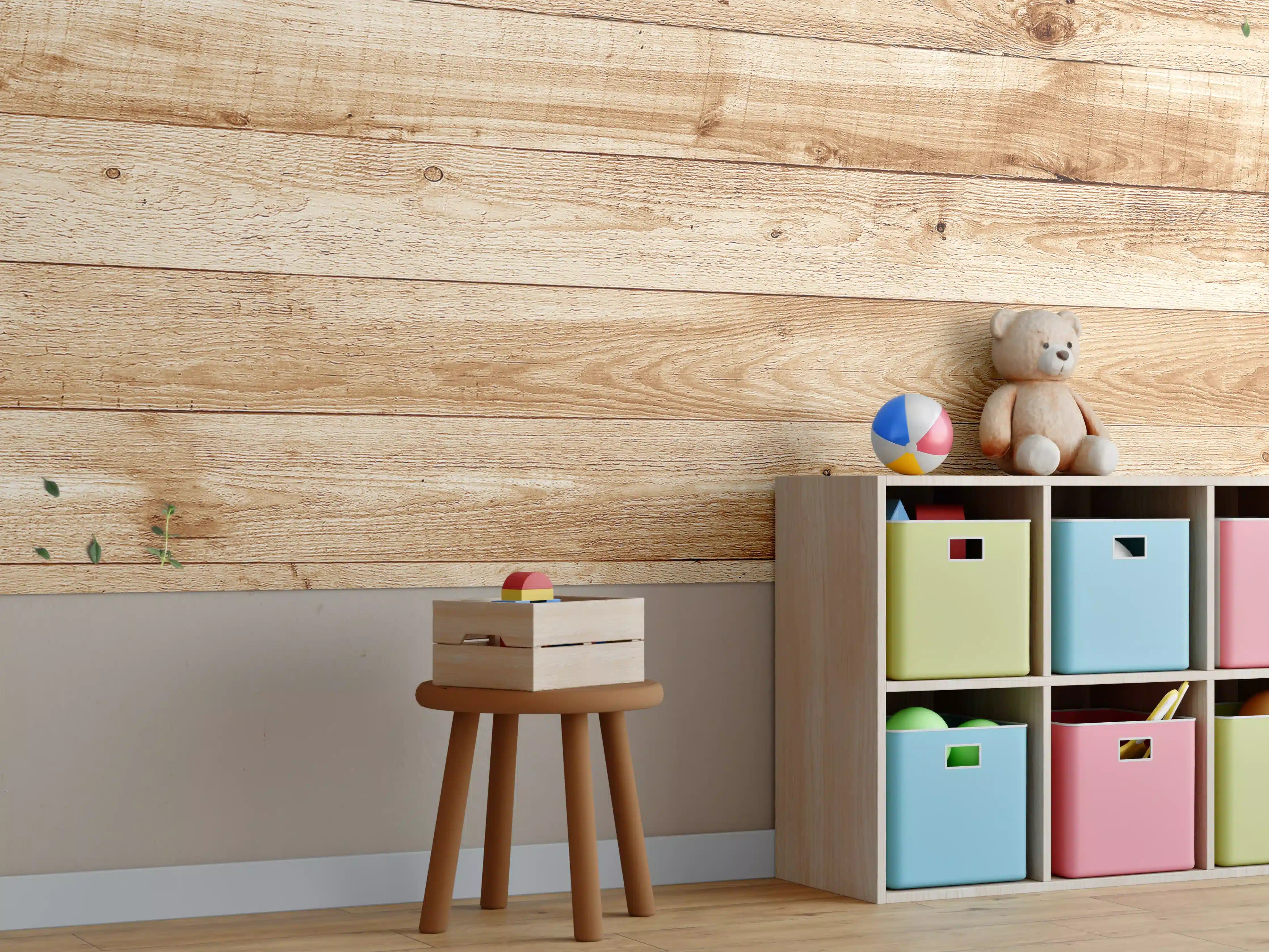 Kinderzimmer Wandgestaltung - Natürliche Holzoptik mit grünen Akzenten