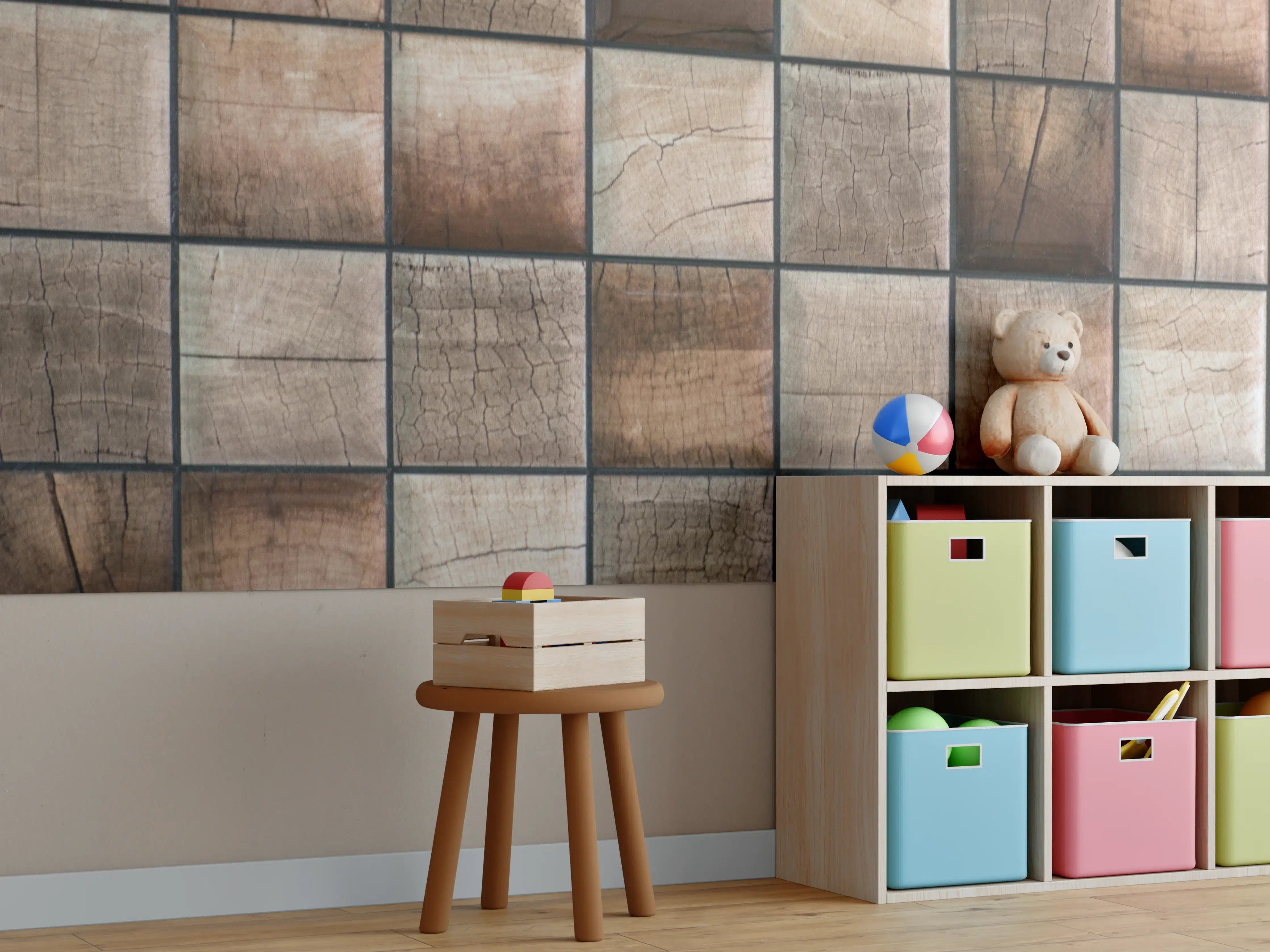 Kinderzimmer Wandgestaltung - Natürliche Holzstruktur in warmen Tönen