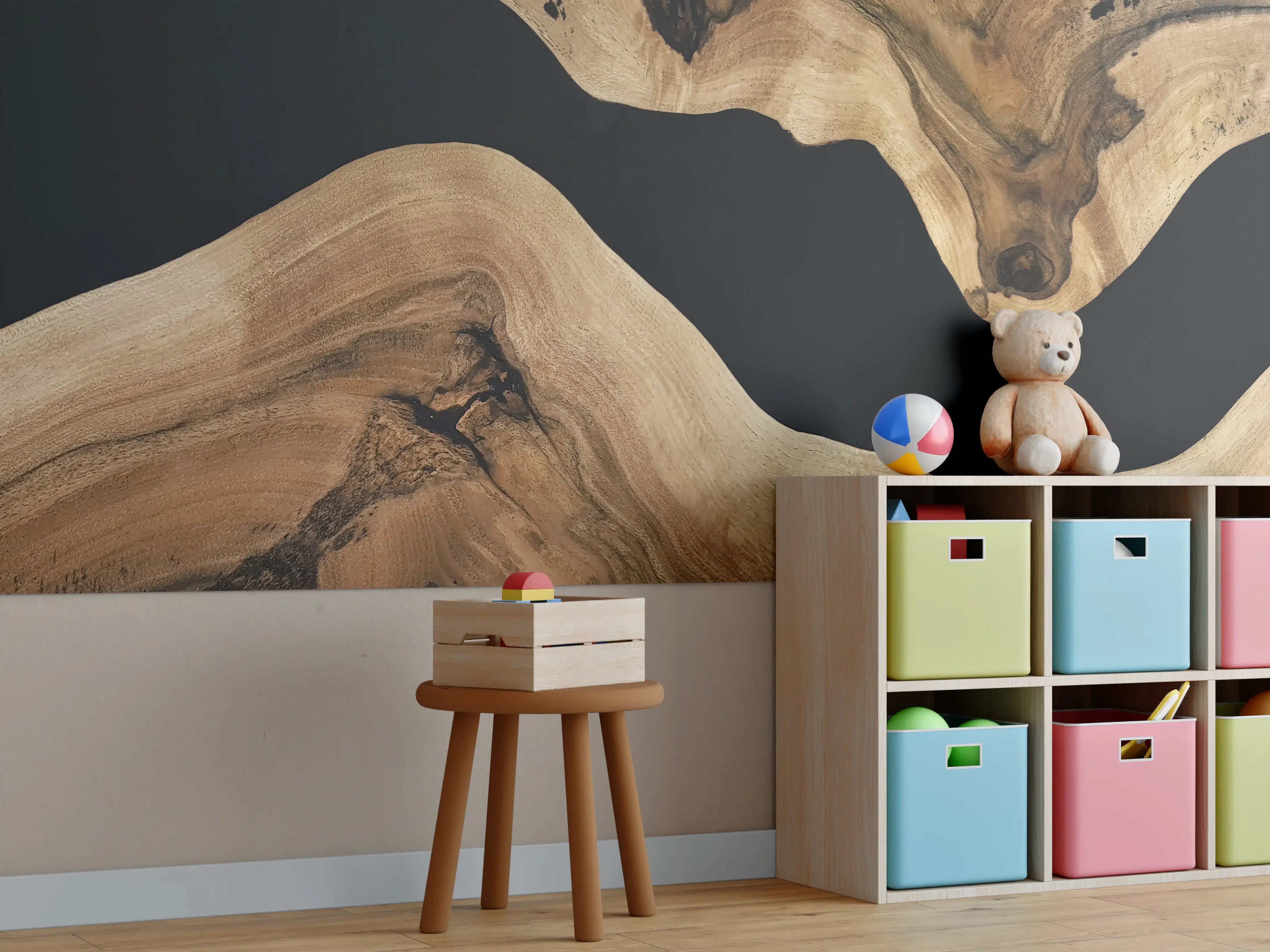 Kinderzimmer Wandgestaltung - Natürliche Holzstruktur mit dunklem Hintergrund