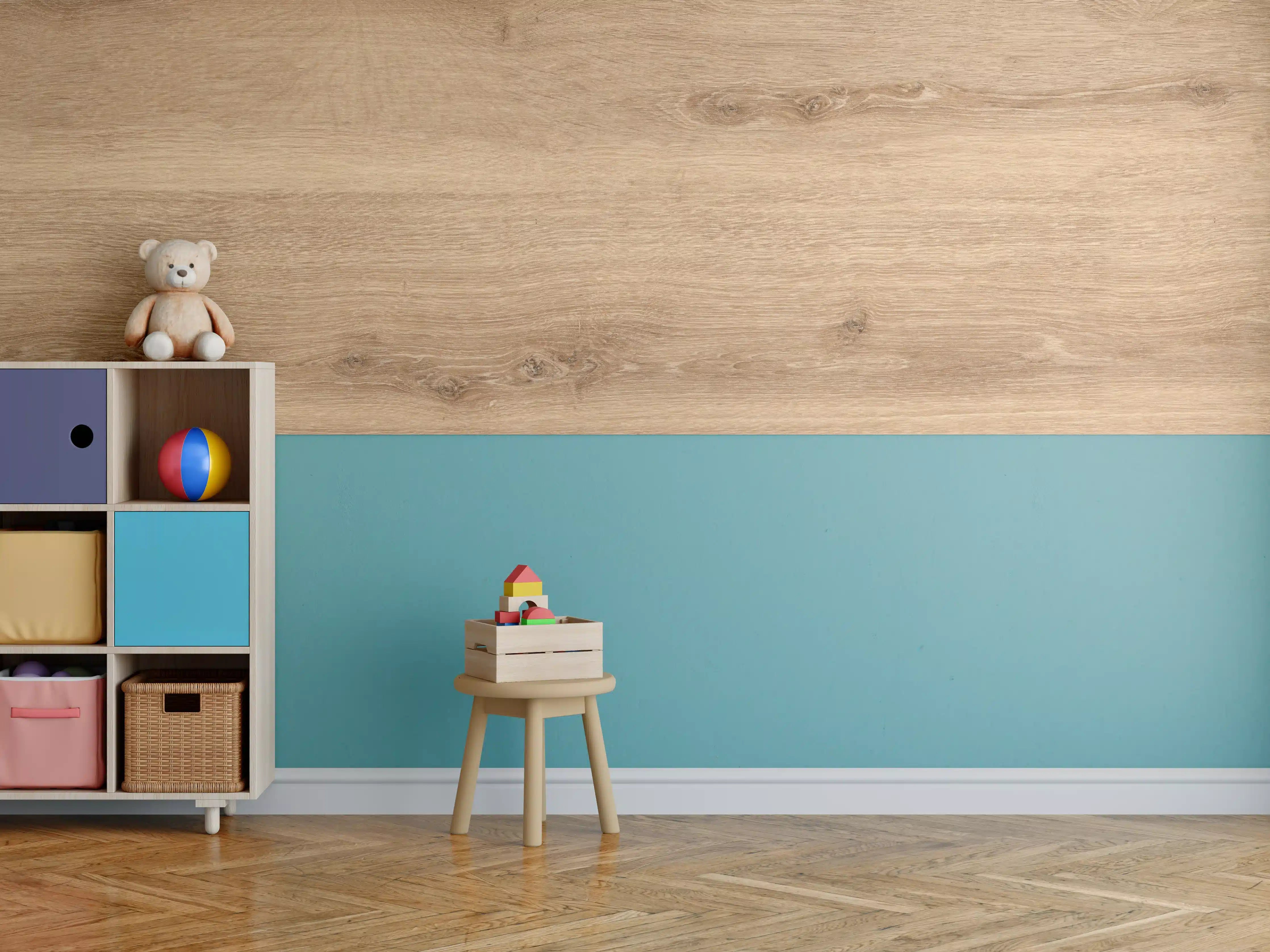 Kinderzimmer Wandgestaltung - Natürliche Holzwand mit Warmtönen